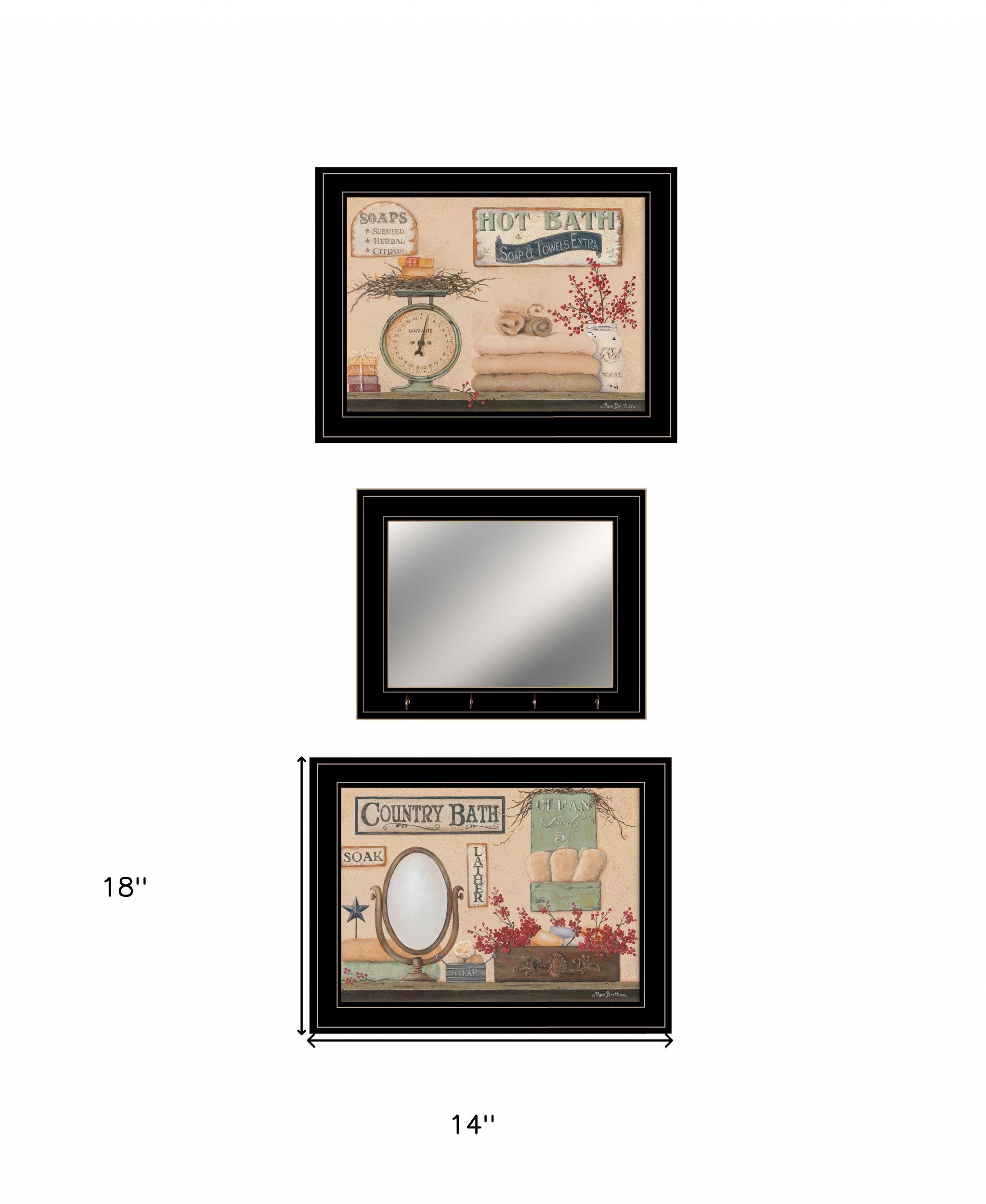 Set Of Three Country Bath III 1 Black Framed Print Wall Art