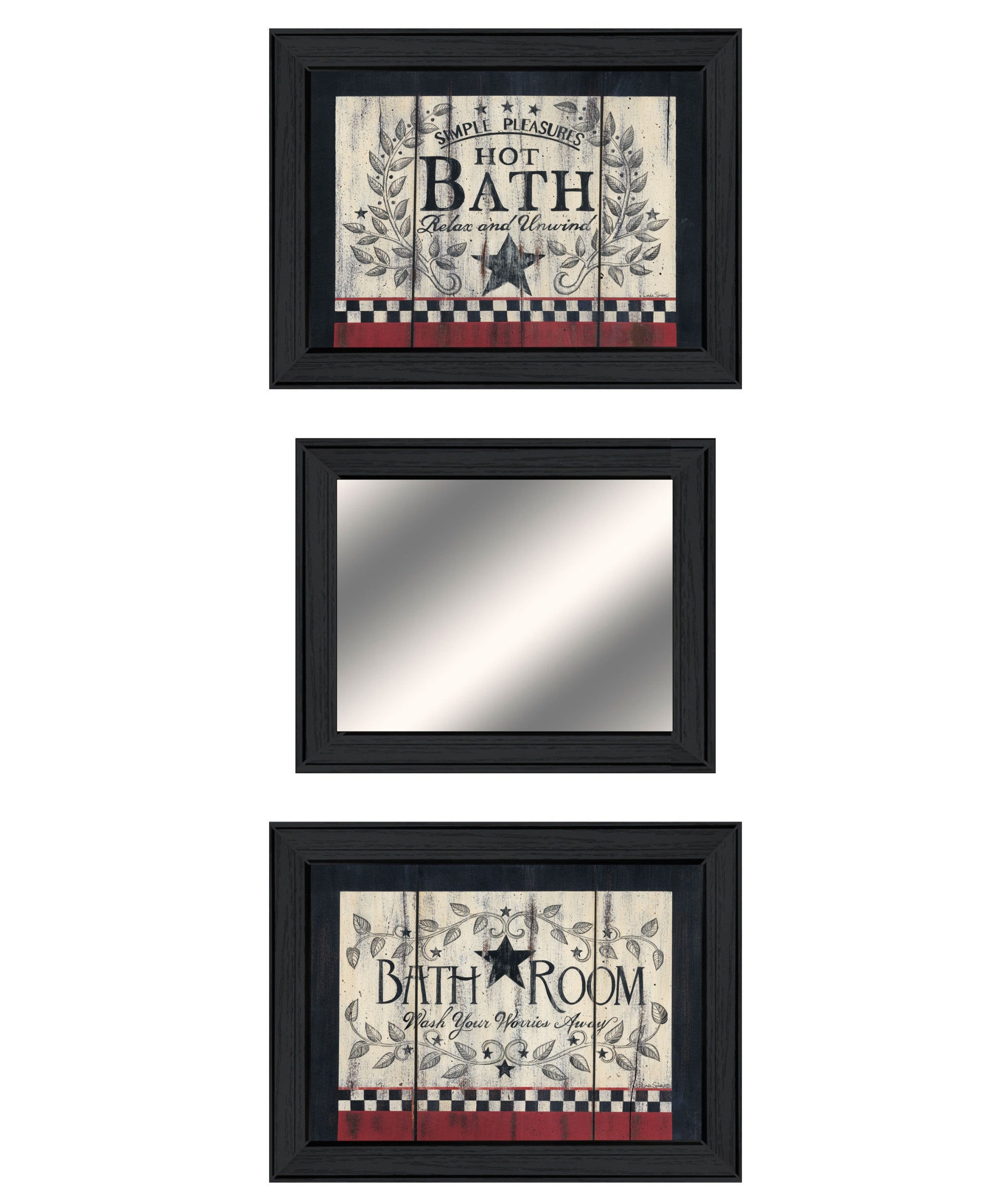 Set Of Three Hot Bath Black Framed Bathroom Wall Art With Mirror