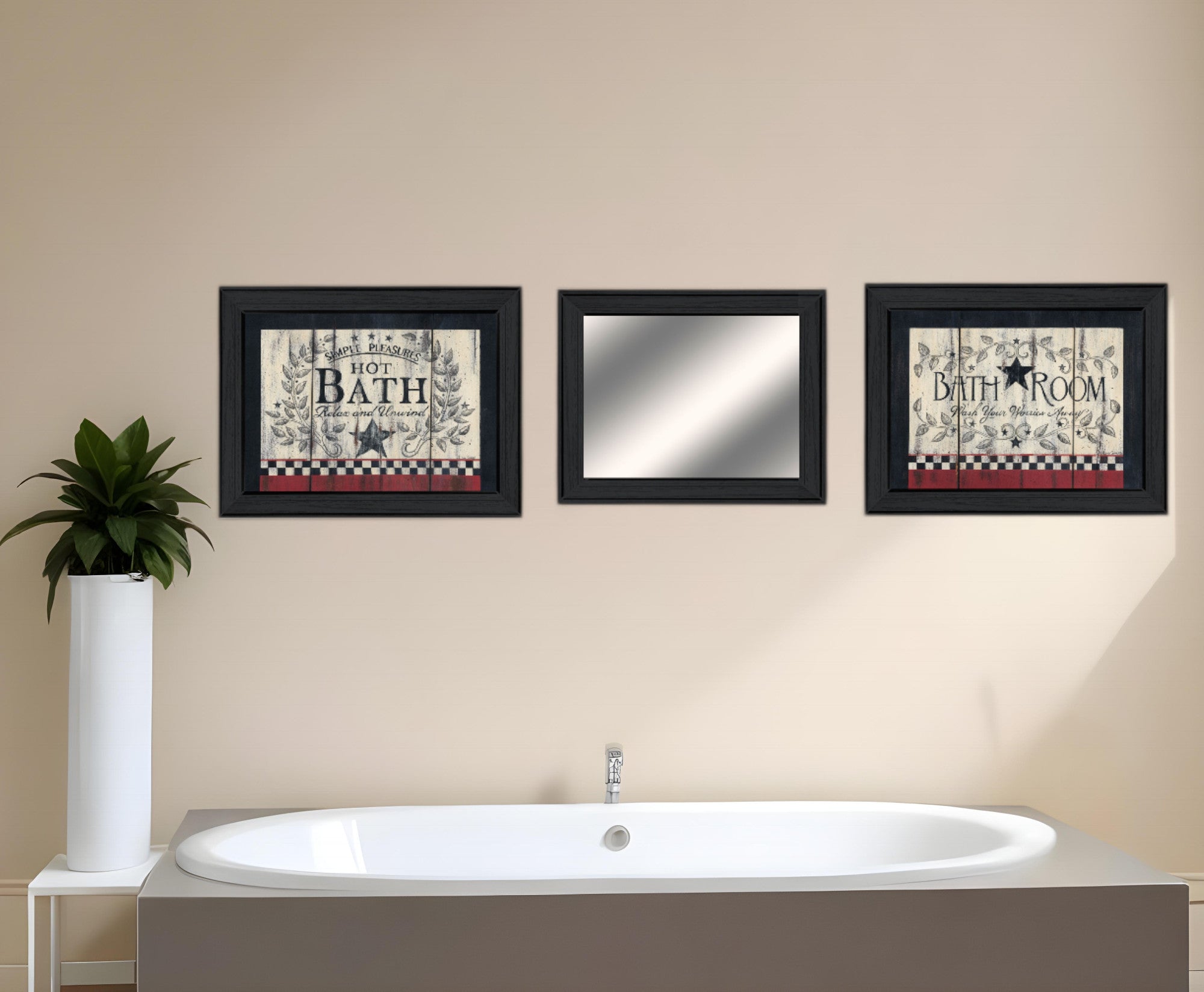 Set Of Three Hot Bath Black Framed Bathroom Wall Art With Mirror