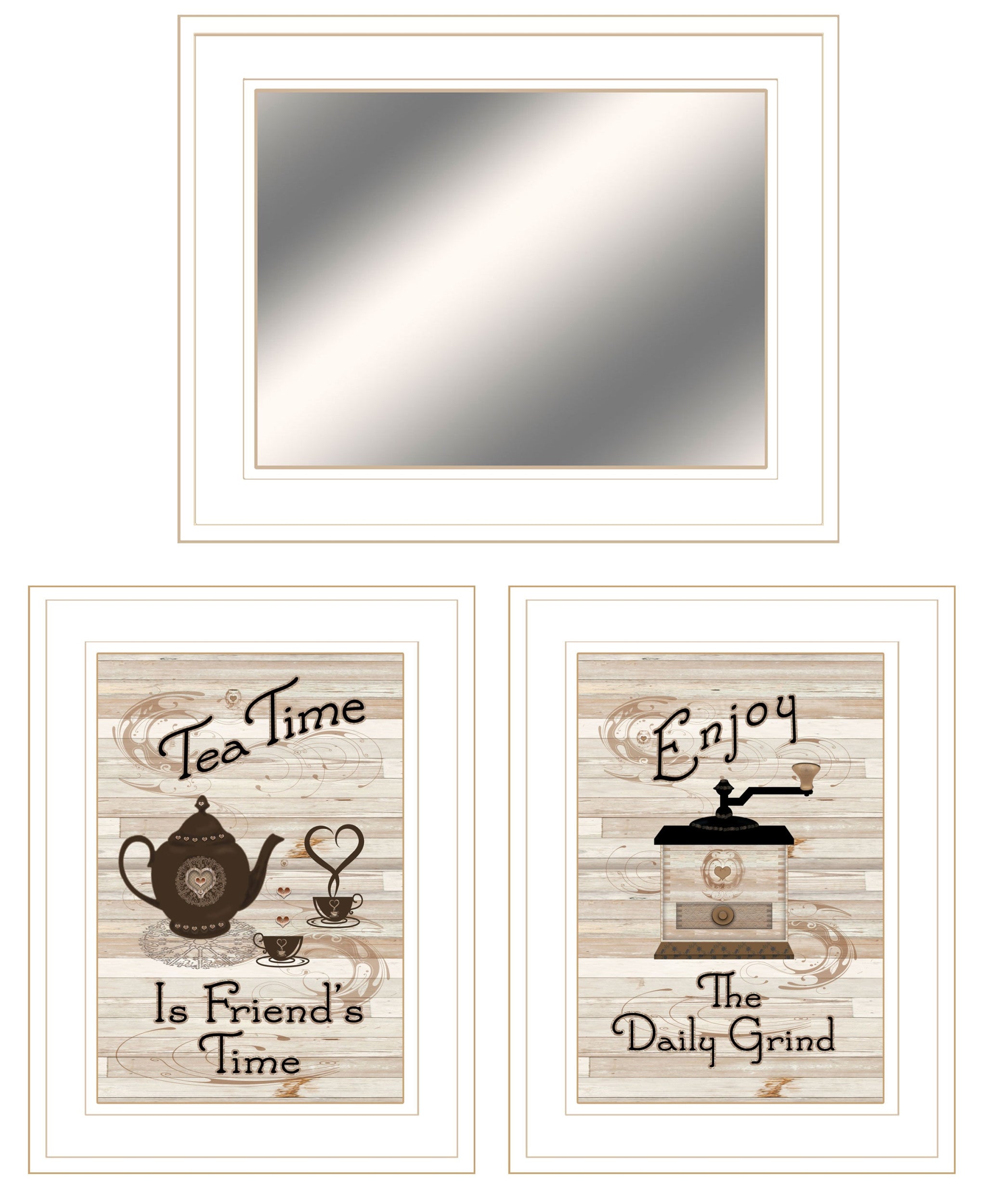 Set Of Three Coffee and Tea Time White Framed Print Kitchen Wall Art With Mirror