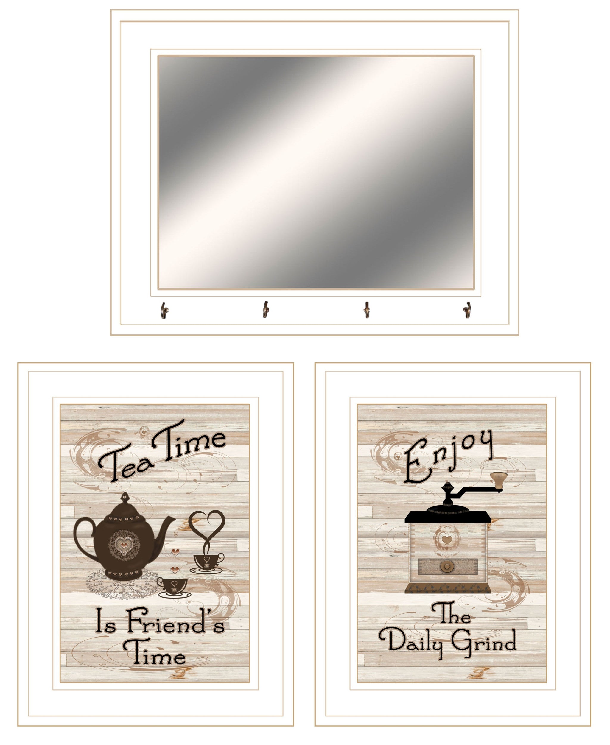 Set Of Three Coffee And Tea White Framed Kitchen Wall Art With Mirror And Hooks