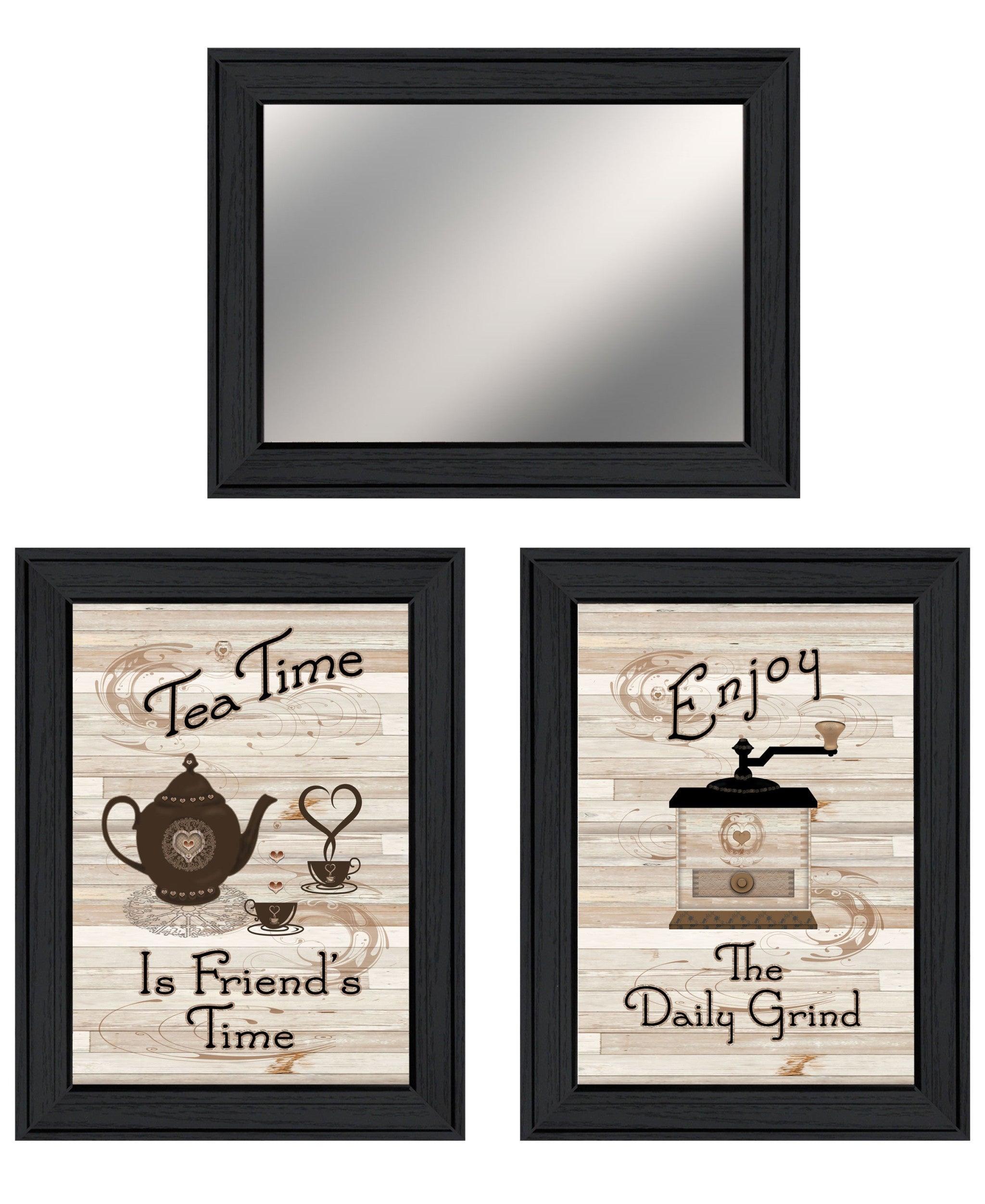 Set Of Three Enjoy Tea Time Black Framed Kitchen Wall Art and Mirror