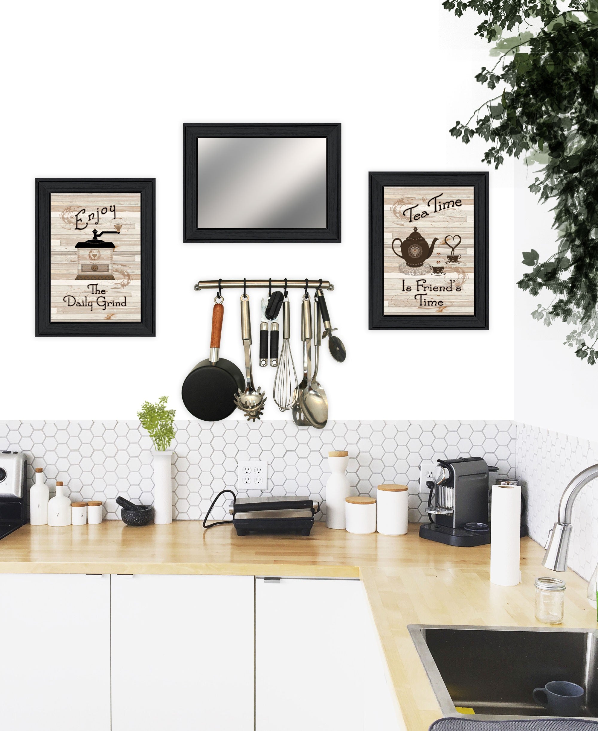 Set Of Three Enjoy Tea Time Black Framed Kitchen Wall Art and Mirror