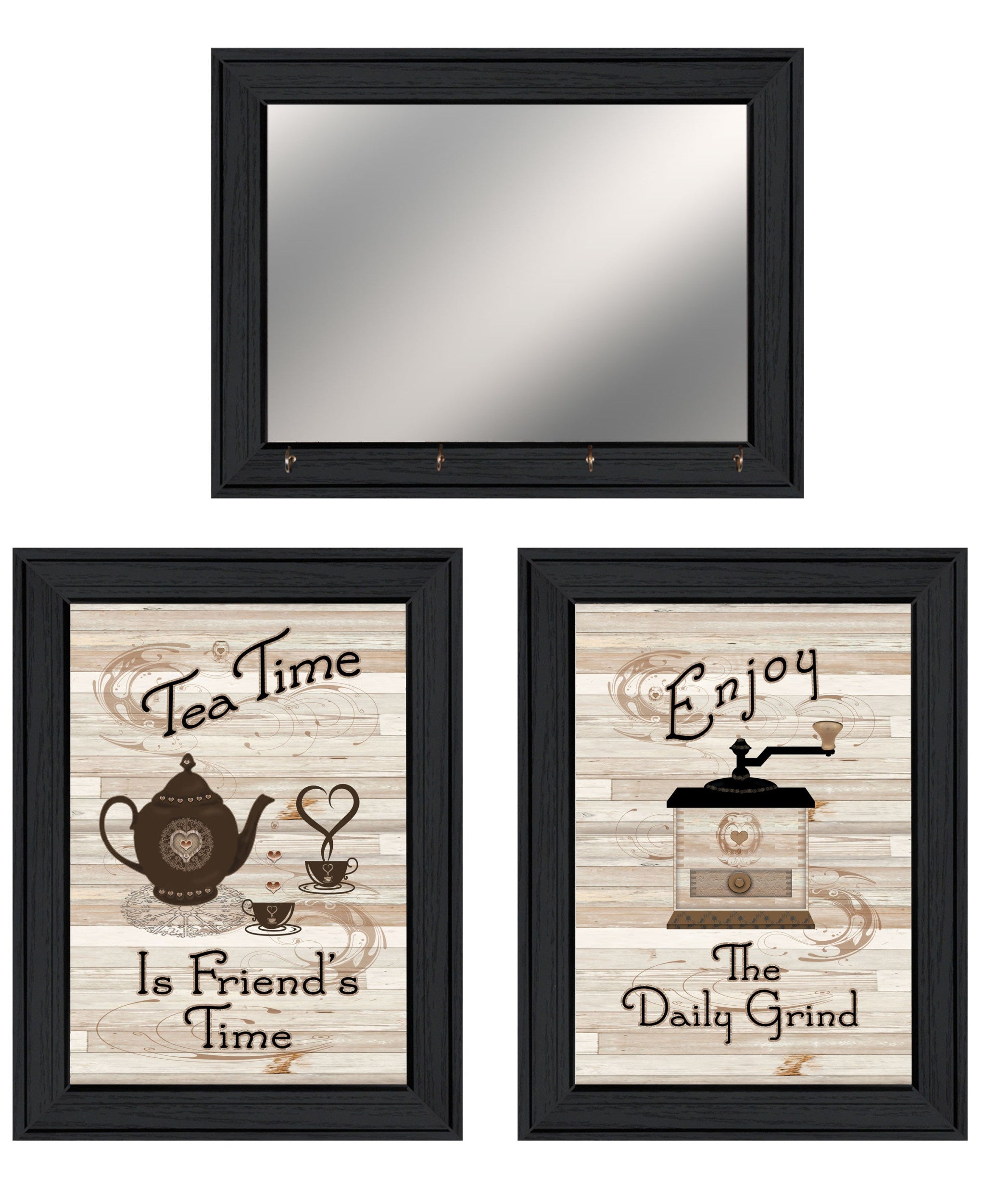 Set Of Three Enjoy Tea Time Black Framed Print Kitchen Wall Art and Mirror