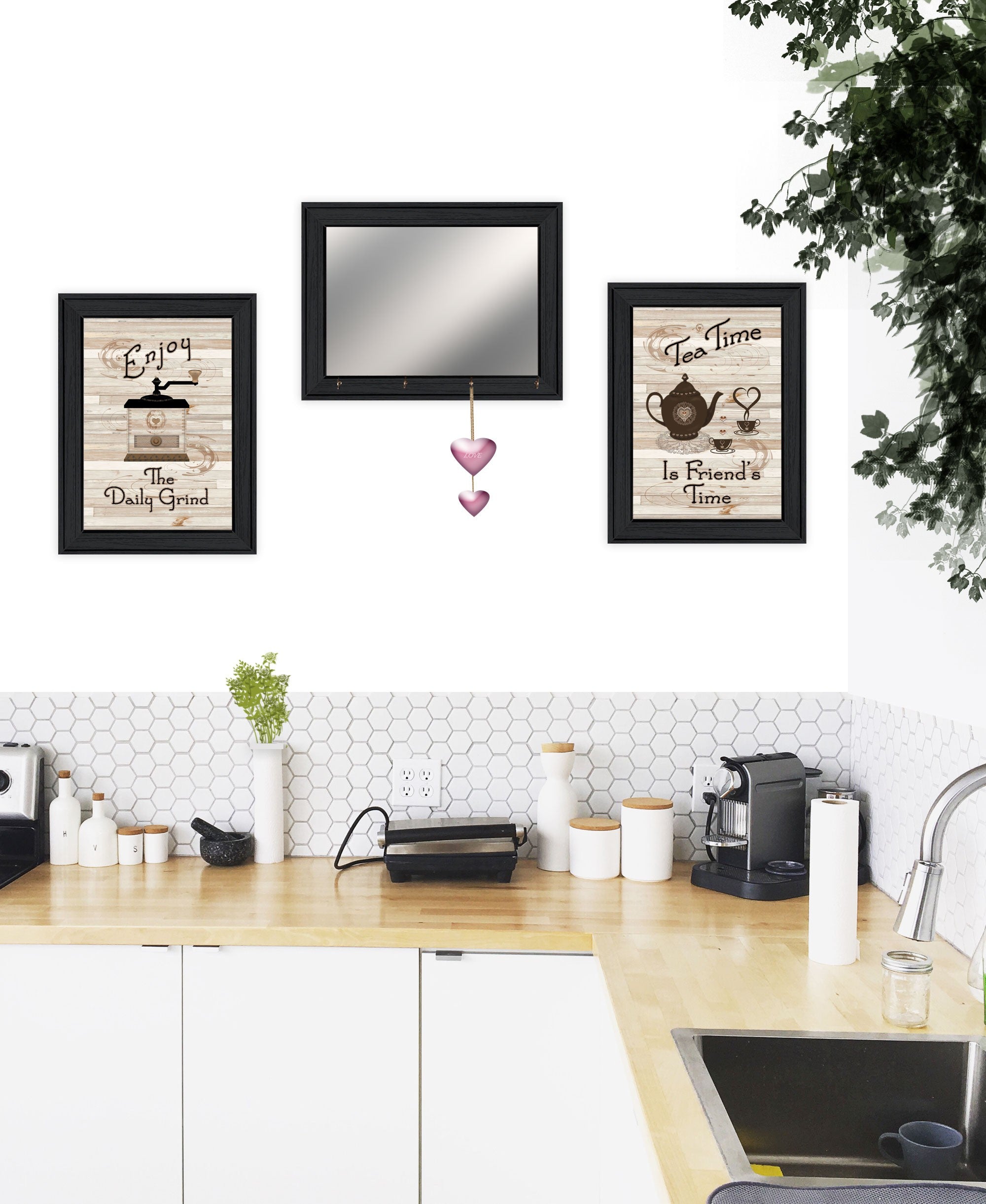 Set Of Three Enjoy Tea Time Black Framed Print Kitchen Wall Art and Mirror