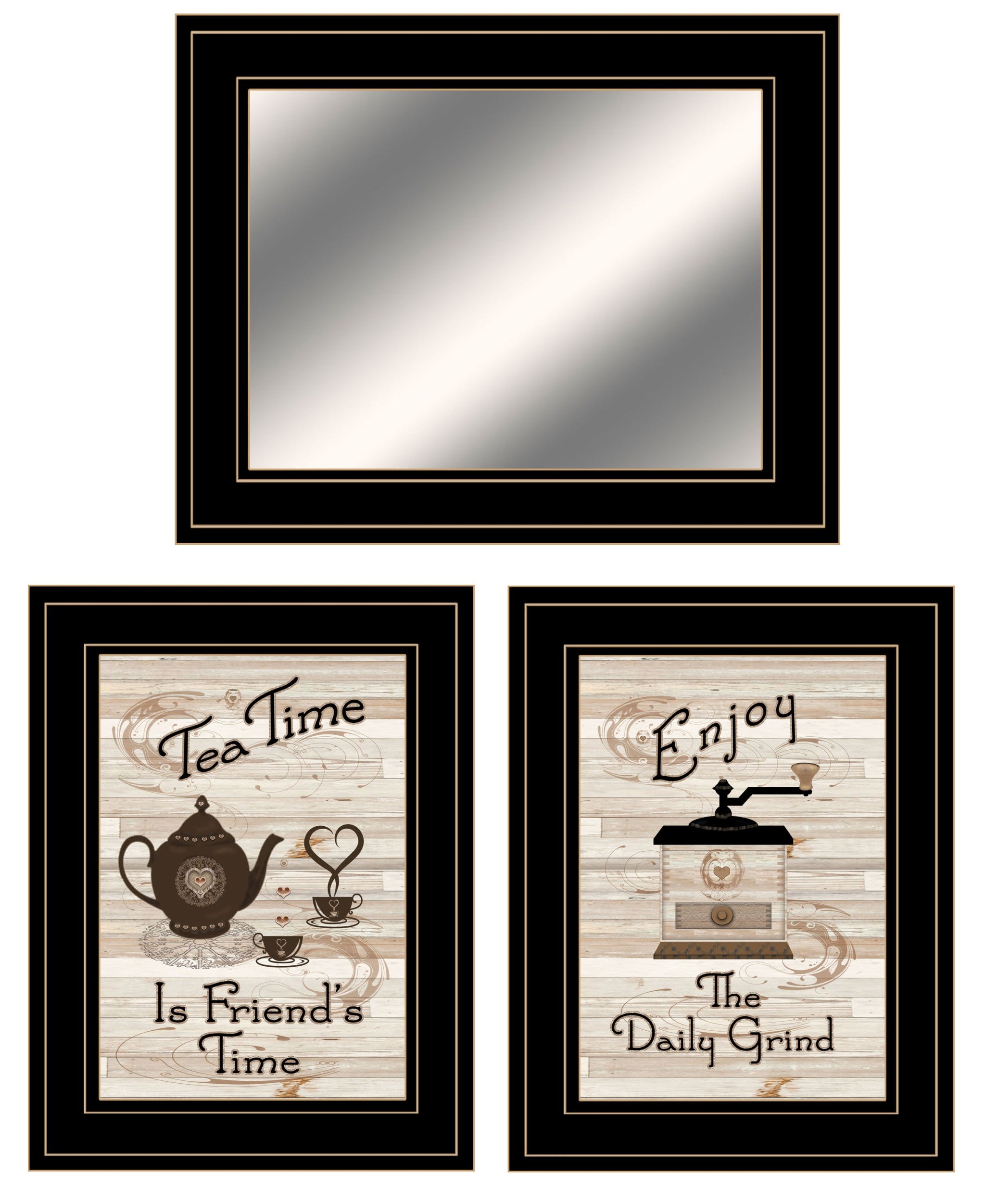 Set Of Three Enjoy Tea Time 3 Black Framed Print Kitchen Wall Art and Mirror