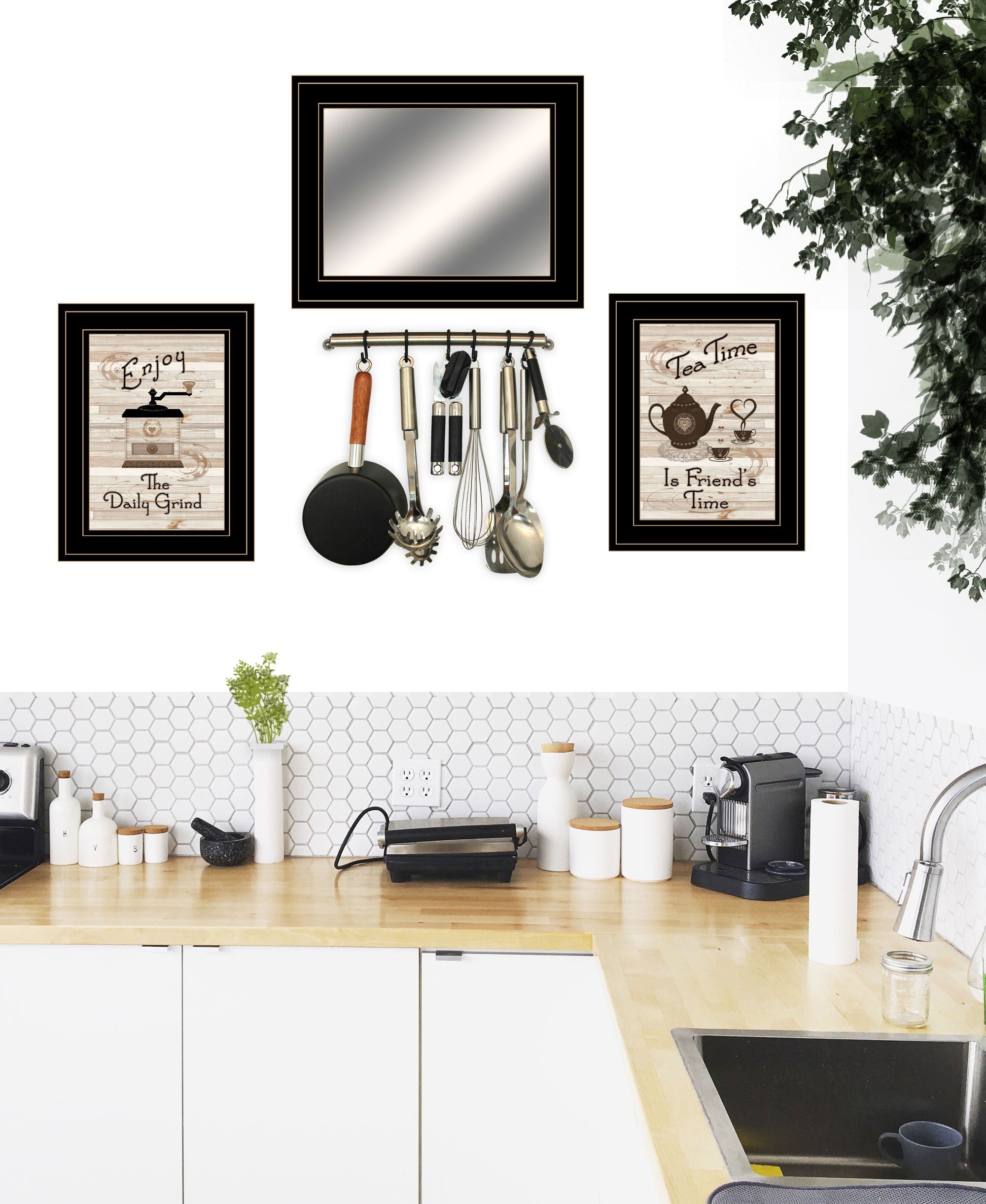 Set Of Three Enjoy Tea Time 3 Black Framed Print Kitchen Wall Art and Mirror