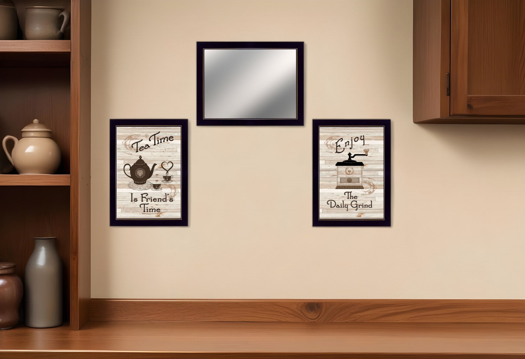 Set Of Three Coffee and Tea Time Black Framed Kitchen Wall Art With Mirror