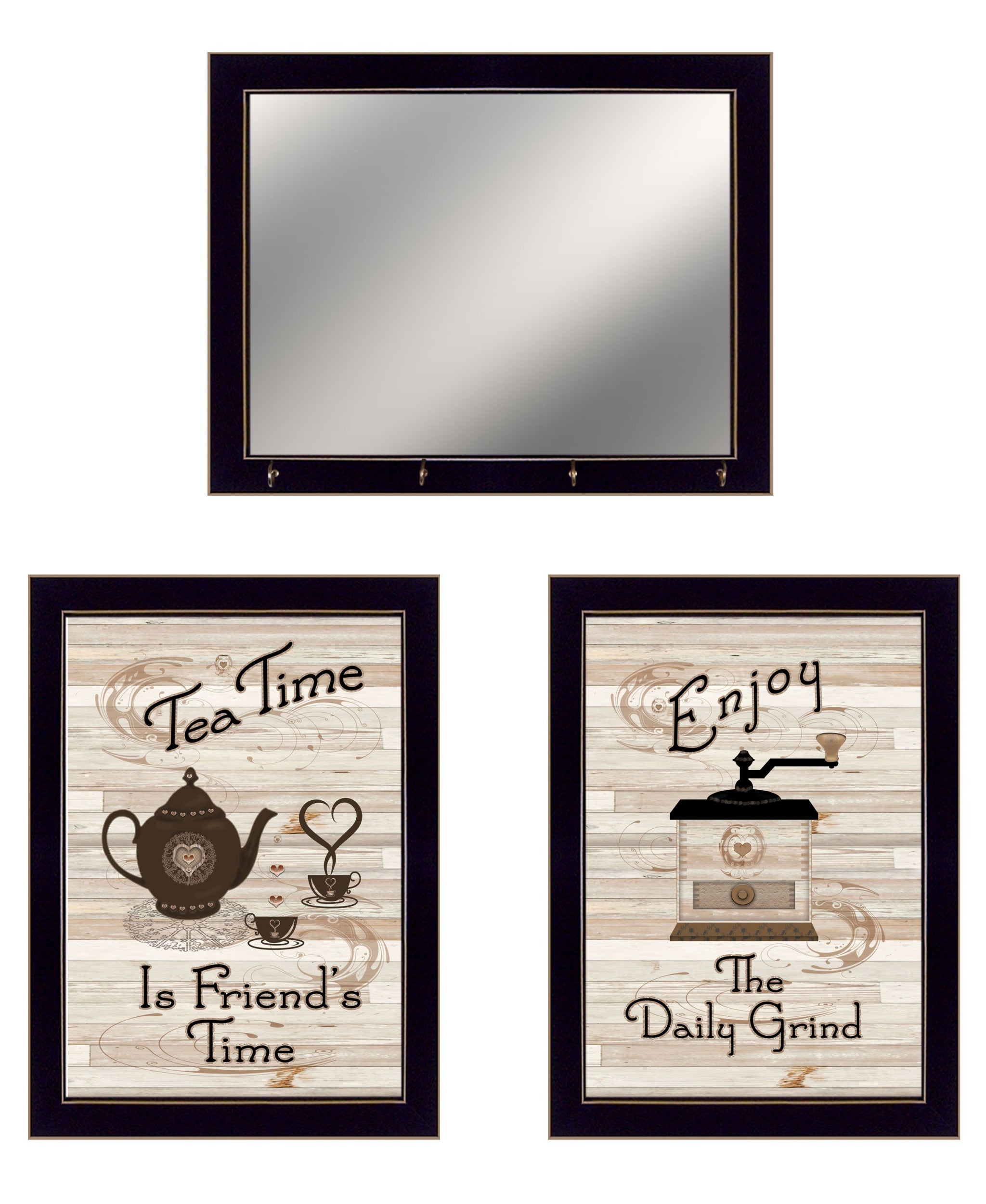 Set Of Three Enjoy Tea Time 8 Black Framed Prints and Mirror with Hooks