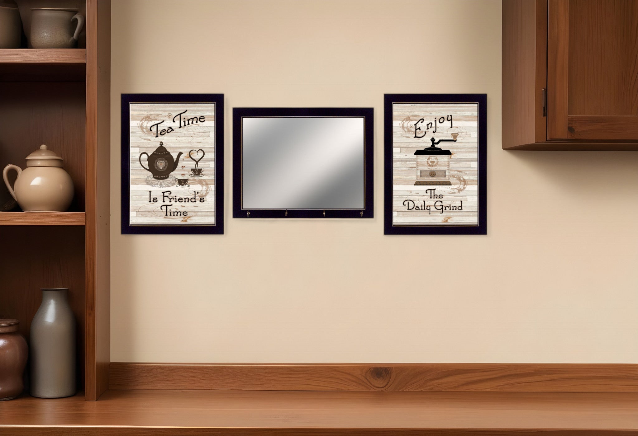 Set Of Three Enjoy Tea Time 8 Black Framed Prints and Mirror with Hooks