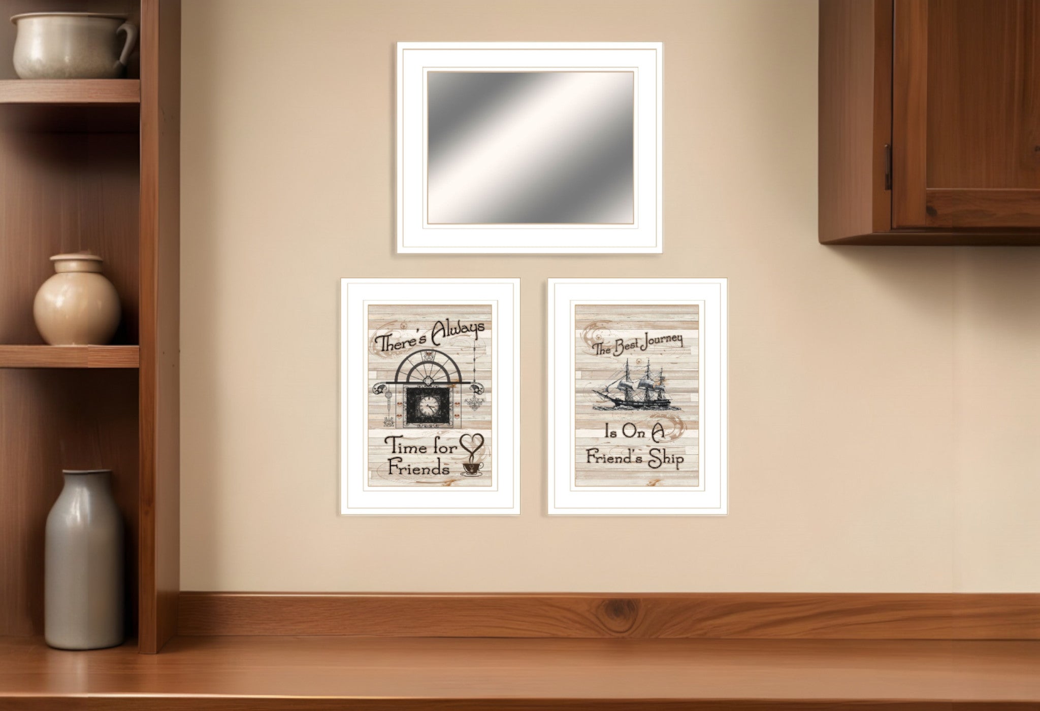 Set Of Three Friendship Journey White Frame Wall Art With Mirror