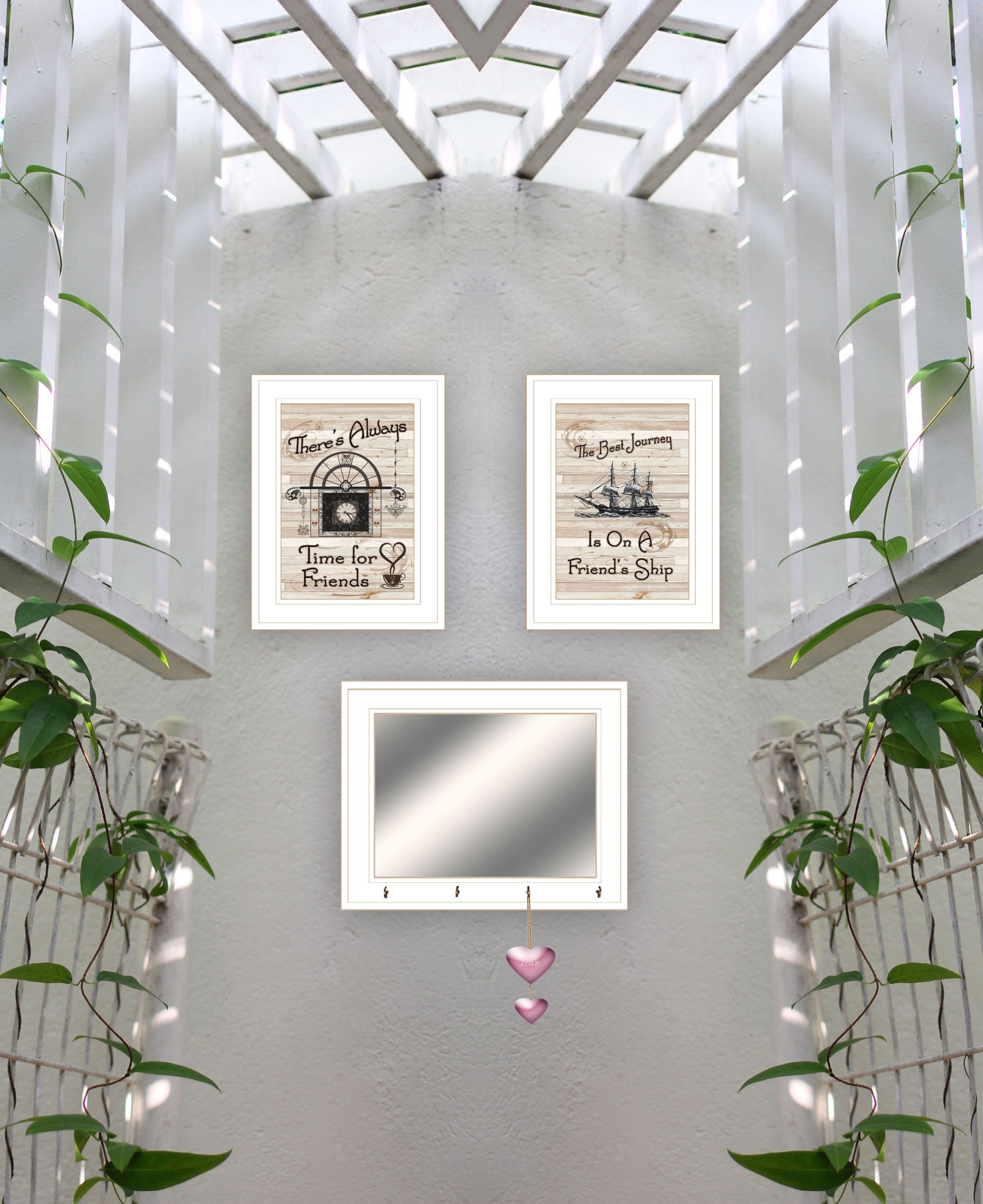 Set Of Three Friendship Journey White Framed Wall Art With Mirror And Hooks