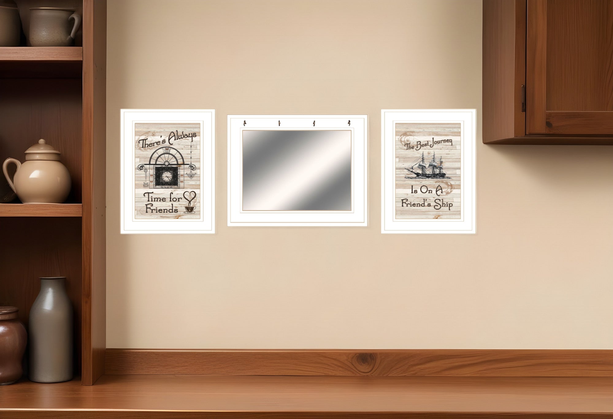 Set Of Three Friendship Journey White Framed Wall Art With Mirror And Hooks