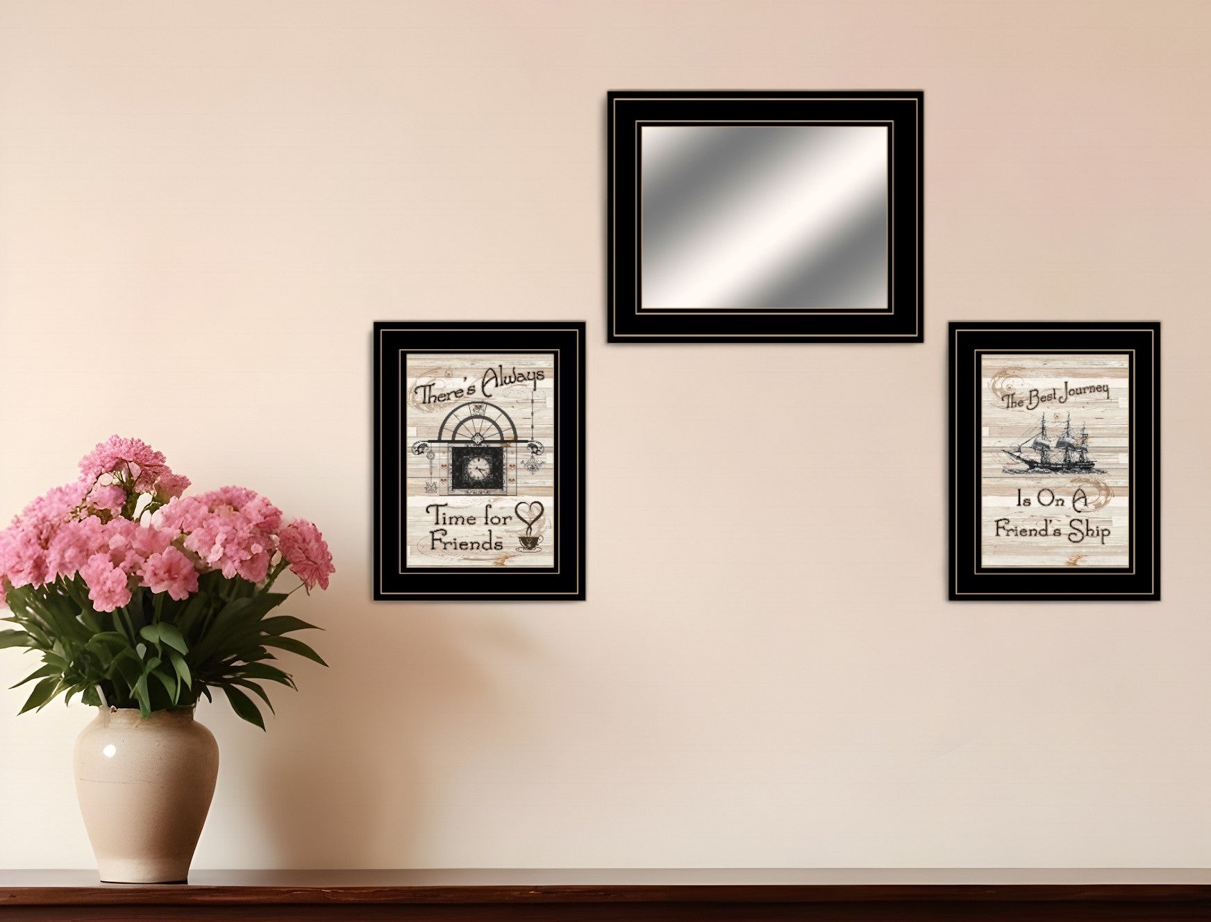 Set Of Three Friendship Journey Black Framed Wall Art With Mirror