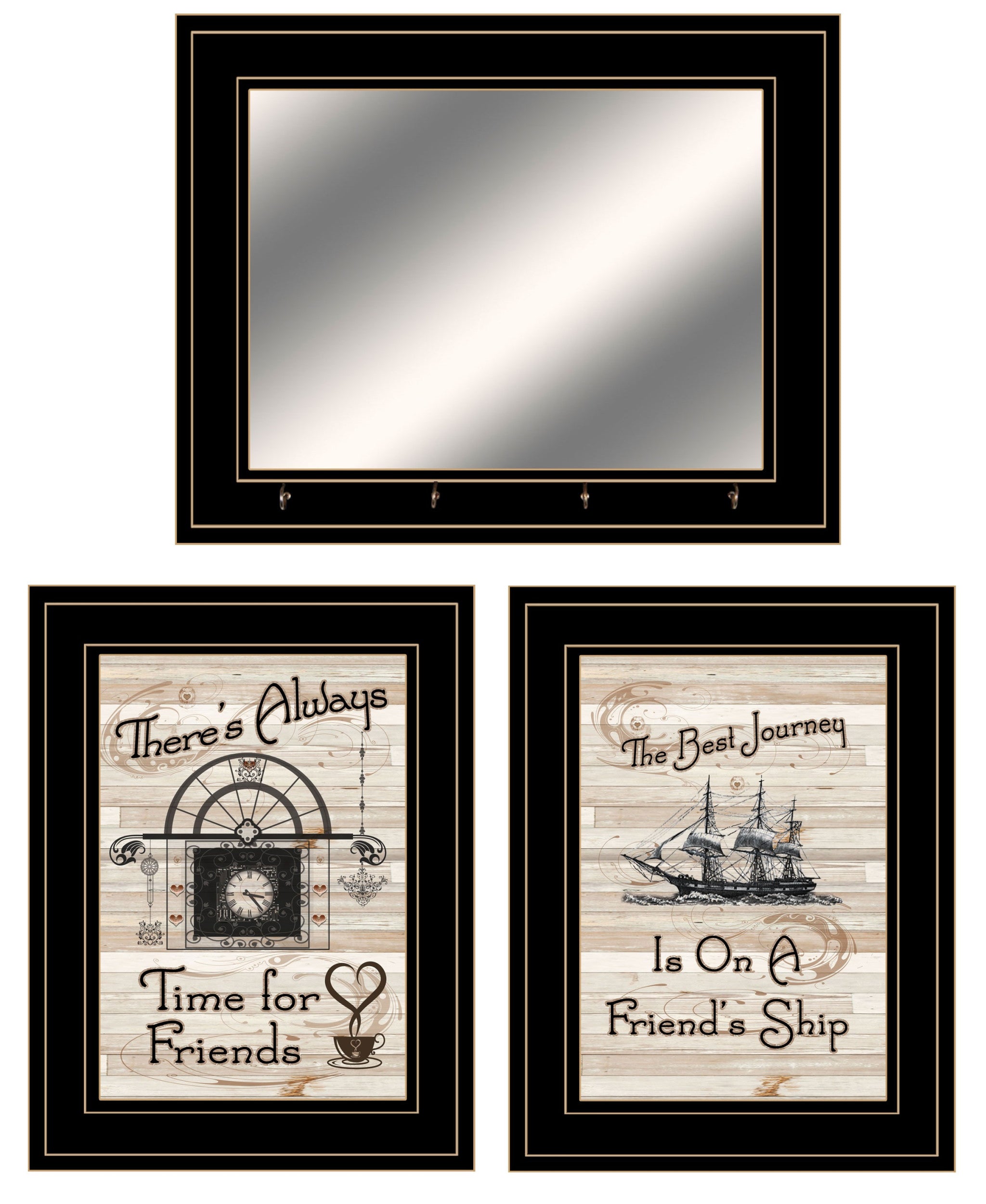 Set Of Three Friendship Journey 7 Black Framed Prints and Mirror with Hooks