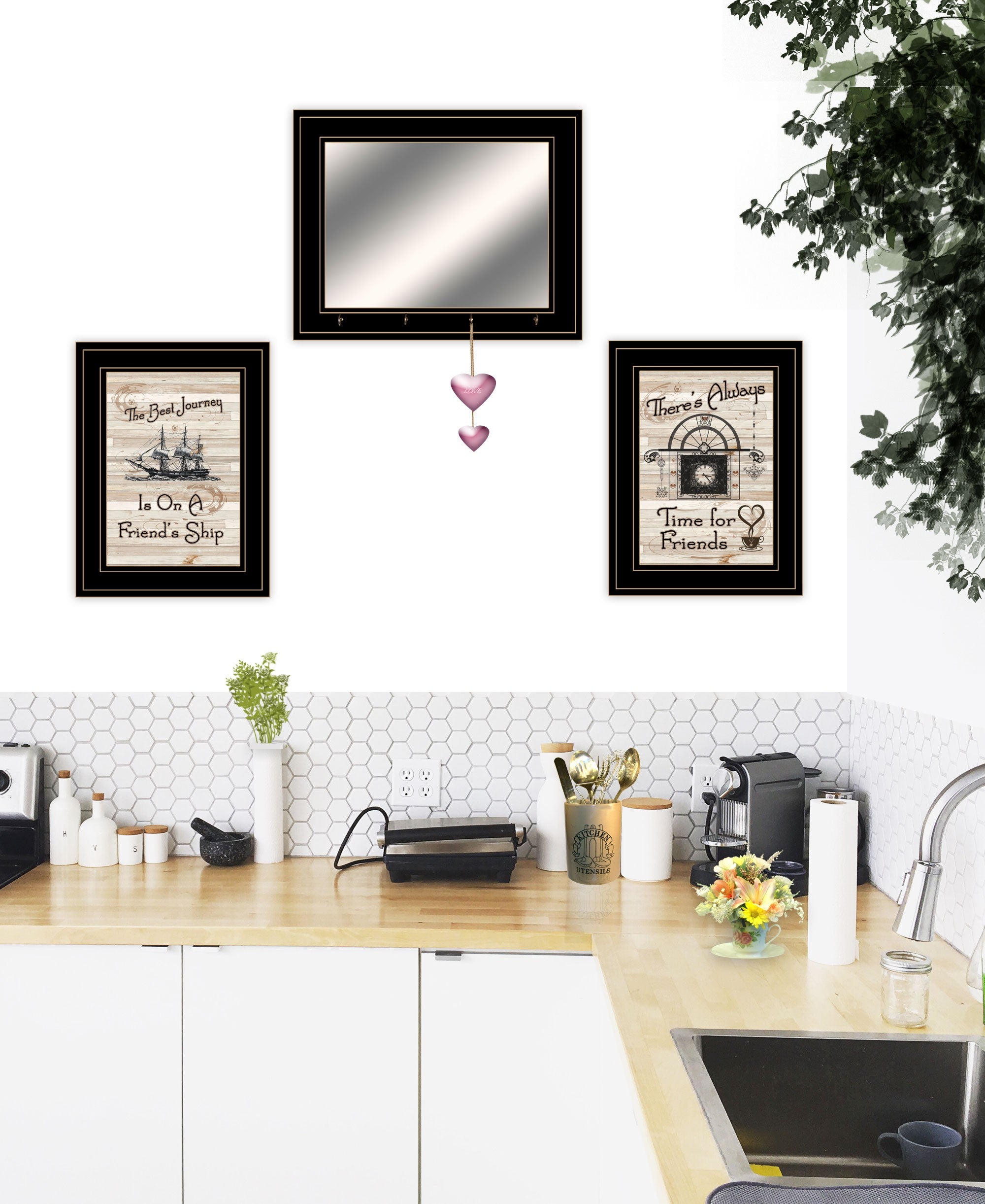 Set Of Three Friendship Journey 7 Black Framed Prints and Mirror with Hooks