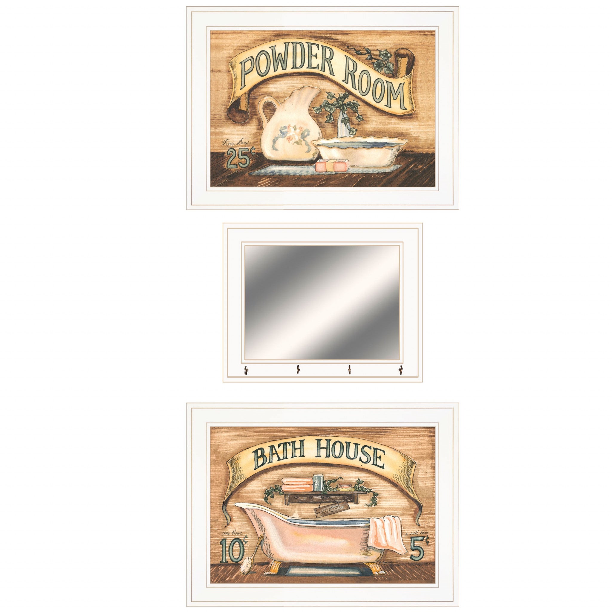 Set Of Three Bath And Powder Room 4 White Framed Print Wall Art