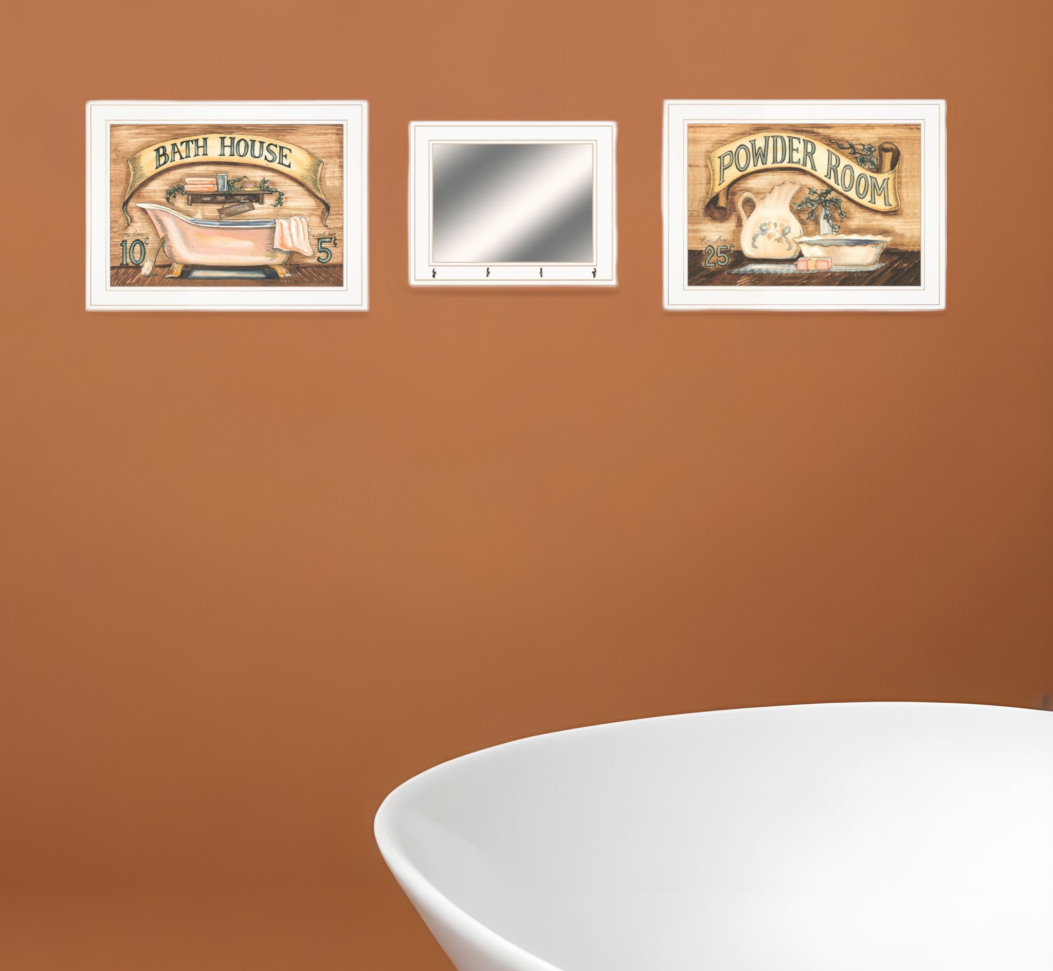 Set Of Three Bath and Powder Room 4 White Framed Print Bathroom Wall Art