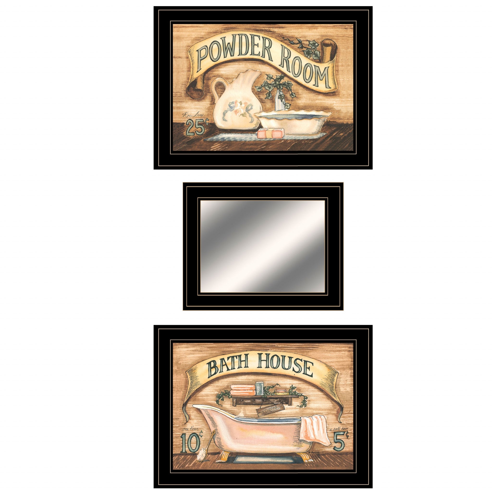 Set Of Three Bath And Powder Room 2 Black Framed Print Wall Art