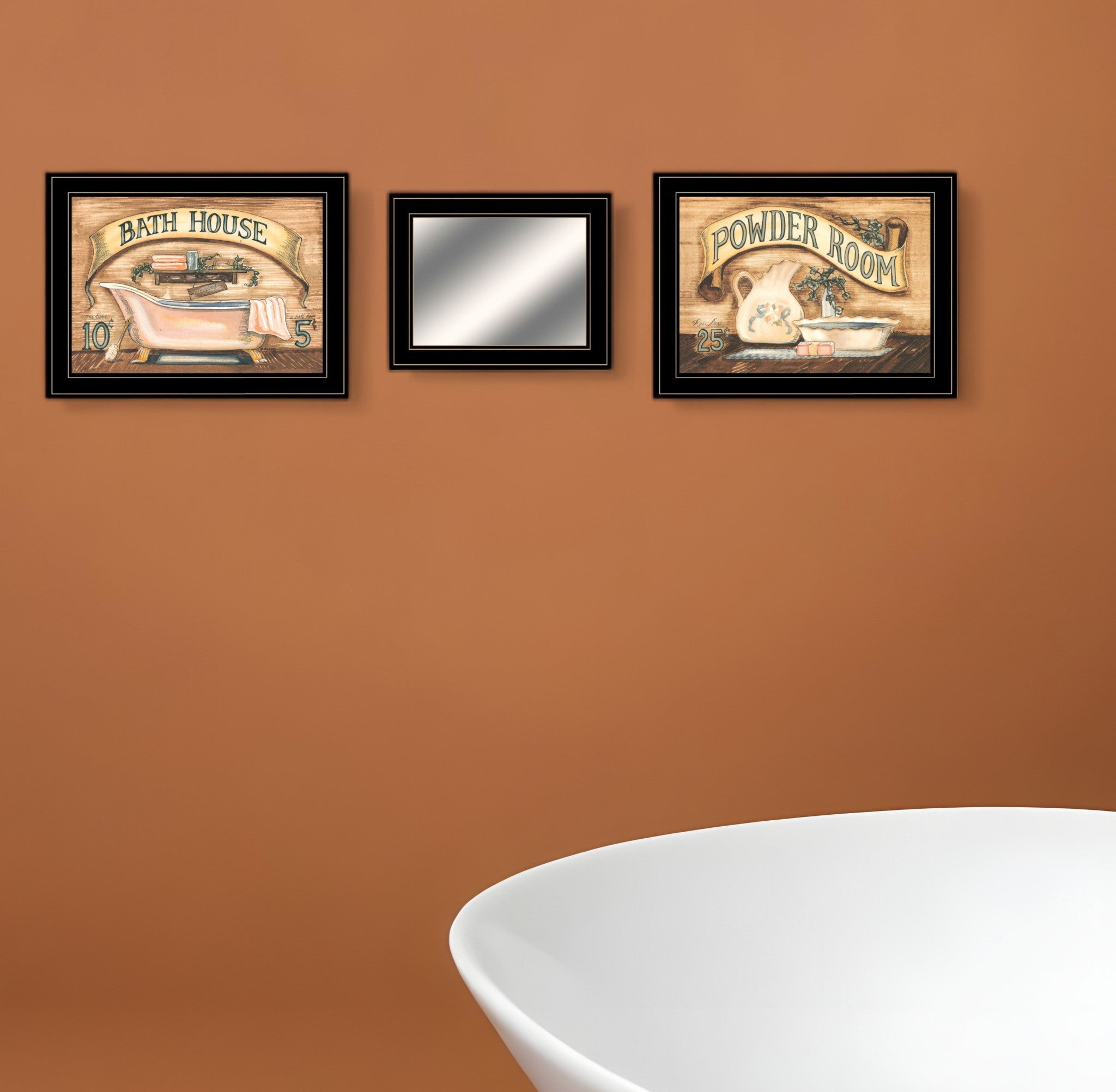 Set Of Three Bath and Powder Room 2 Black Framed Print Bathroom Wall Art