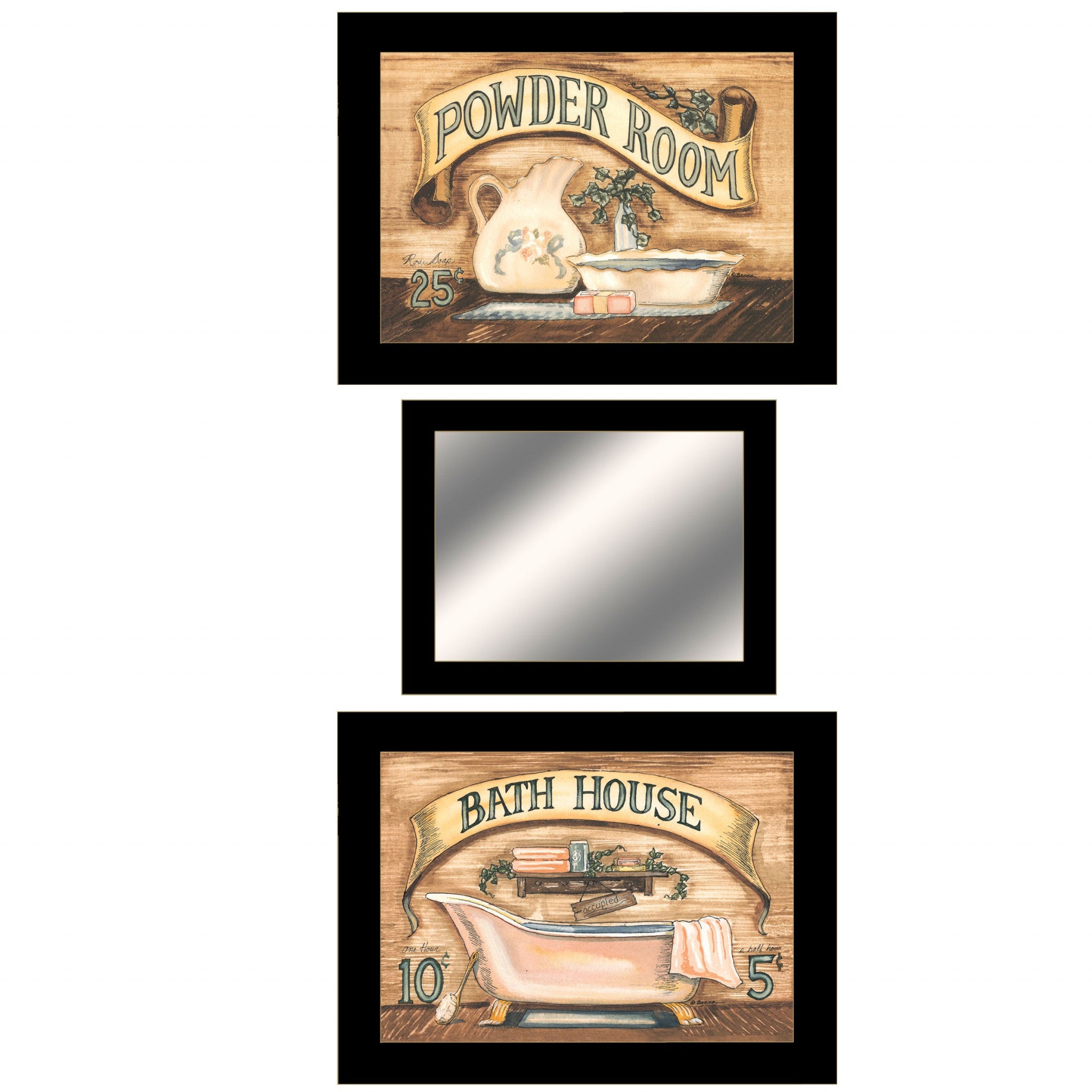 Set Of Three Bath And Powder Room 3 Black Framed Print Wall Art