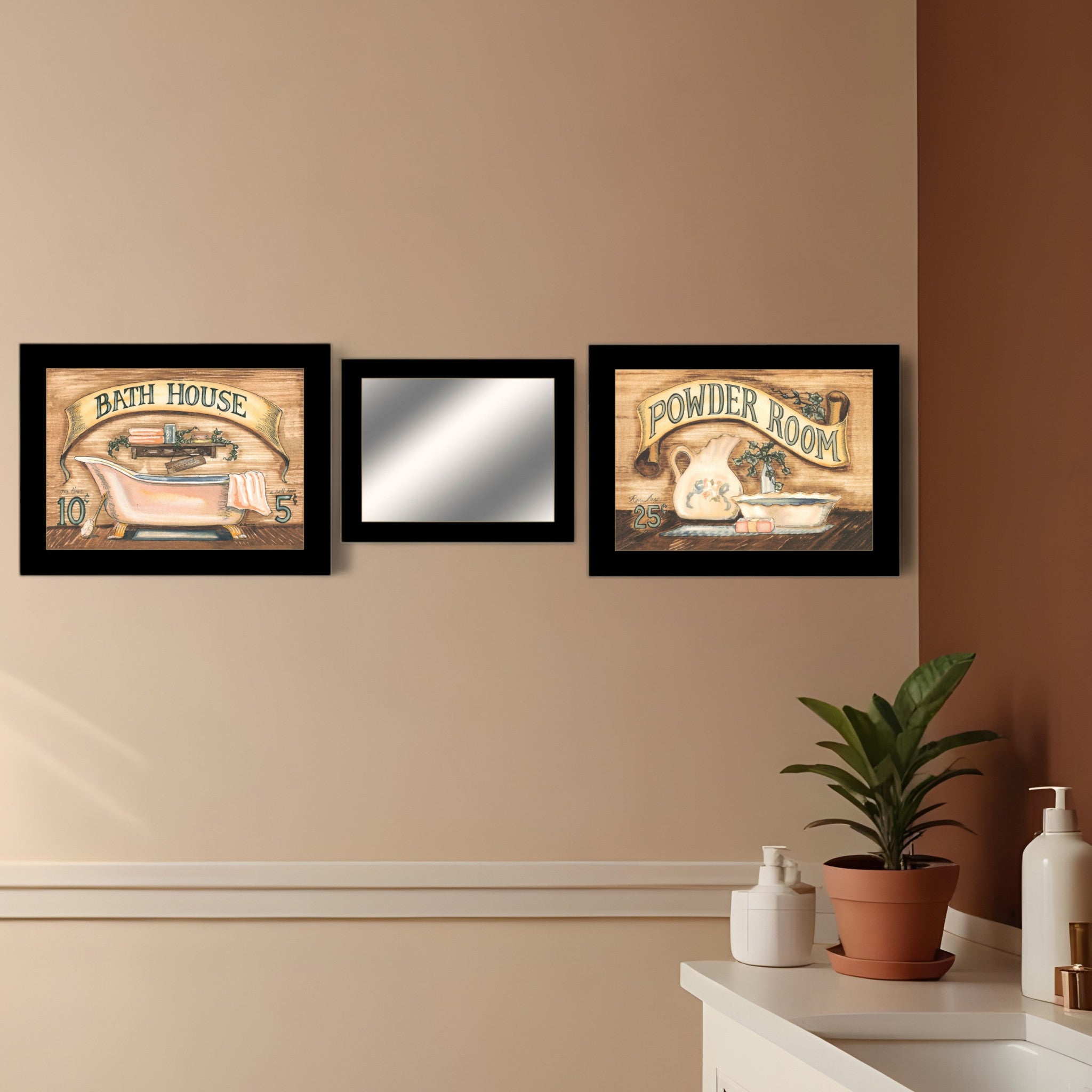 Set Of Three Bath and Powder Room 3 Black Framed Print Bathroom Wall Art