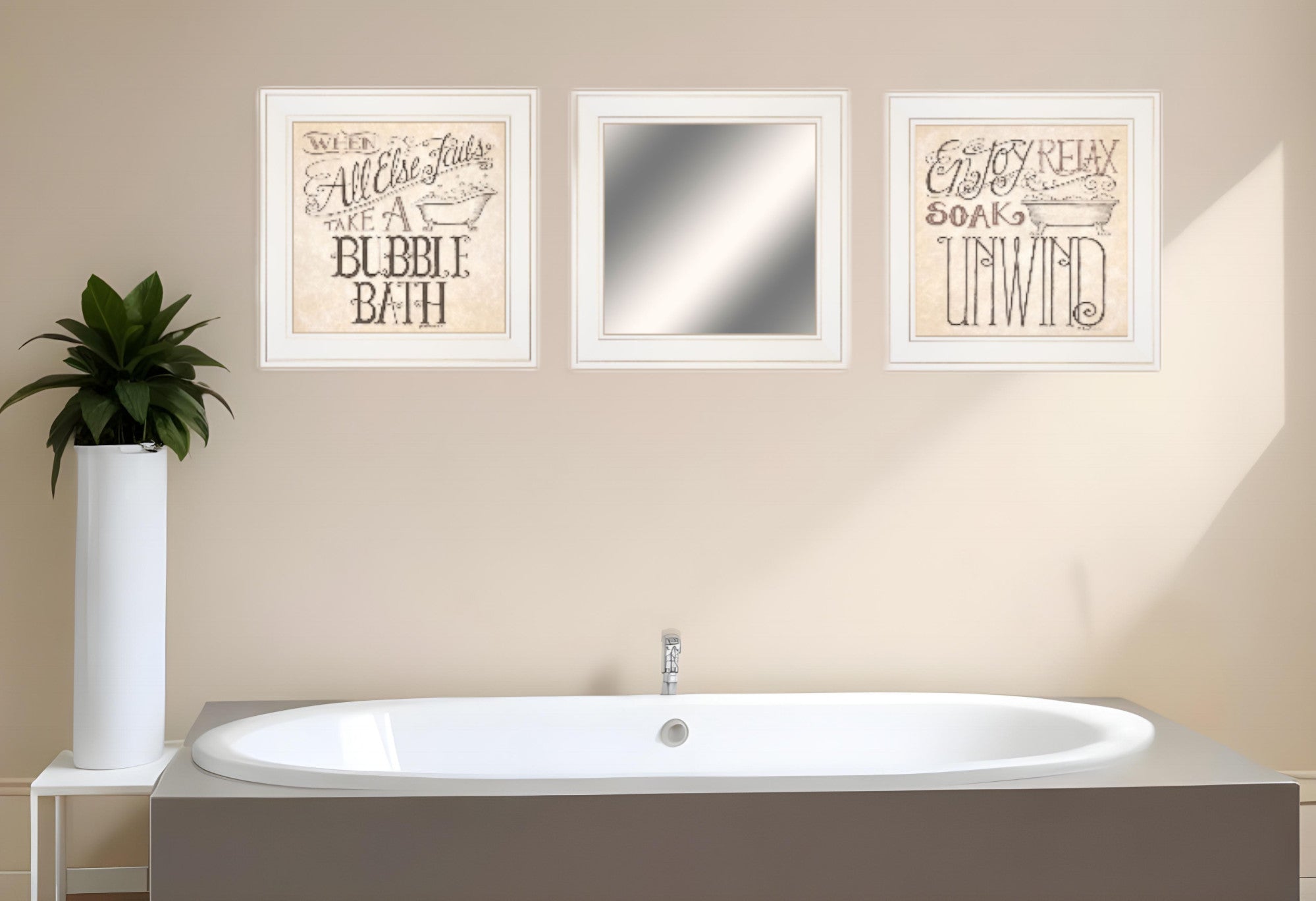 Set Of Three Soak and Unwind 1 White Framed Print Bathroom Wall Art