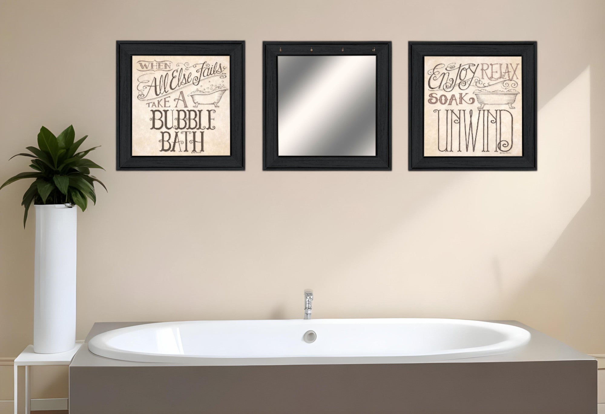 Set Of Three Soak and Unwind 3 Black Framed Print Bathroom Wall Art