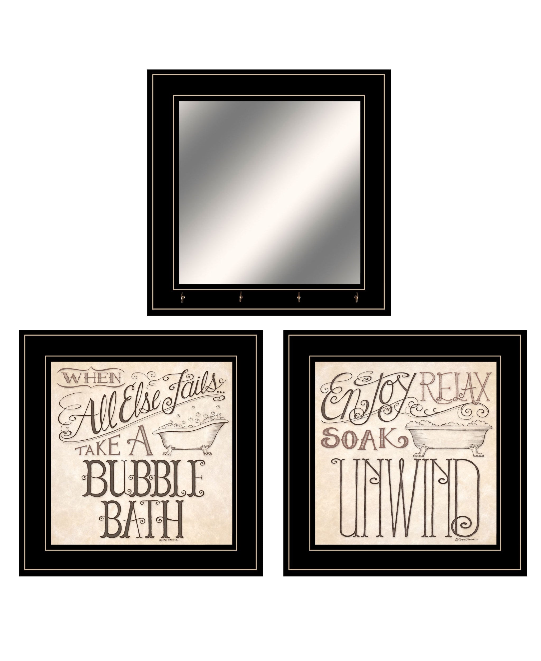 Set Of Three Soak And Unwind 5 Black Framed Print Bathroom Wall Art