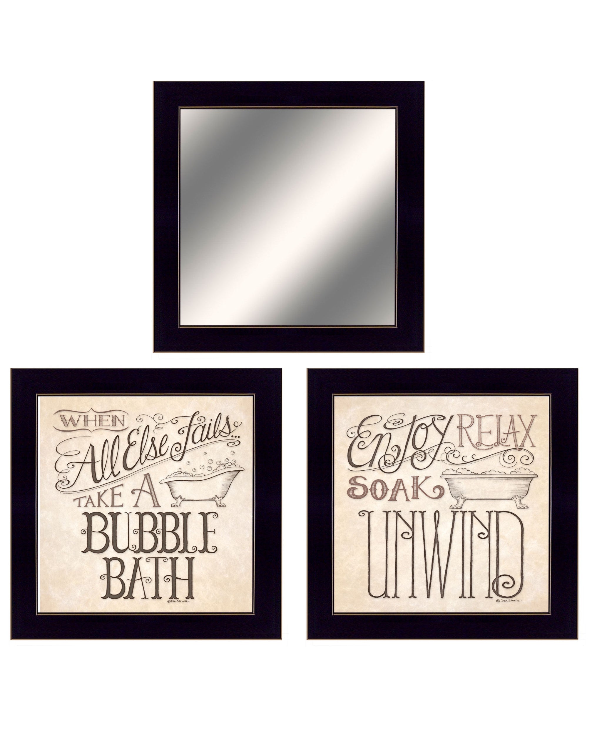 Set Of Three Soak and Unwind Black Framed Bathroom Wall Art With Mirror