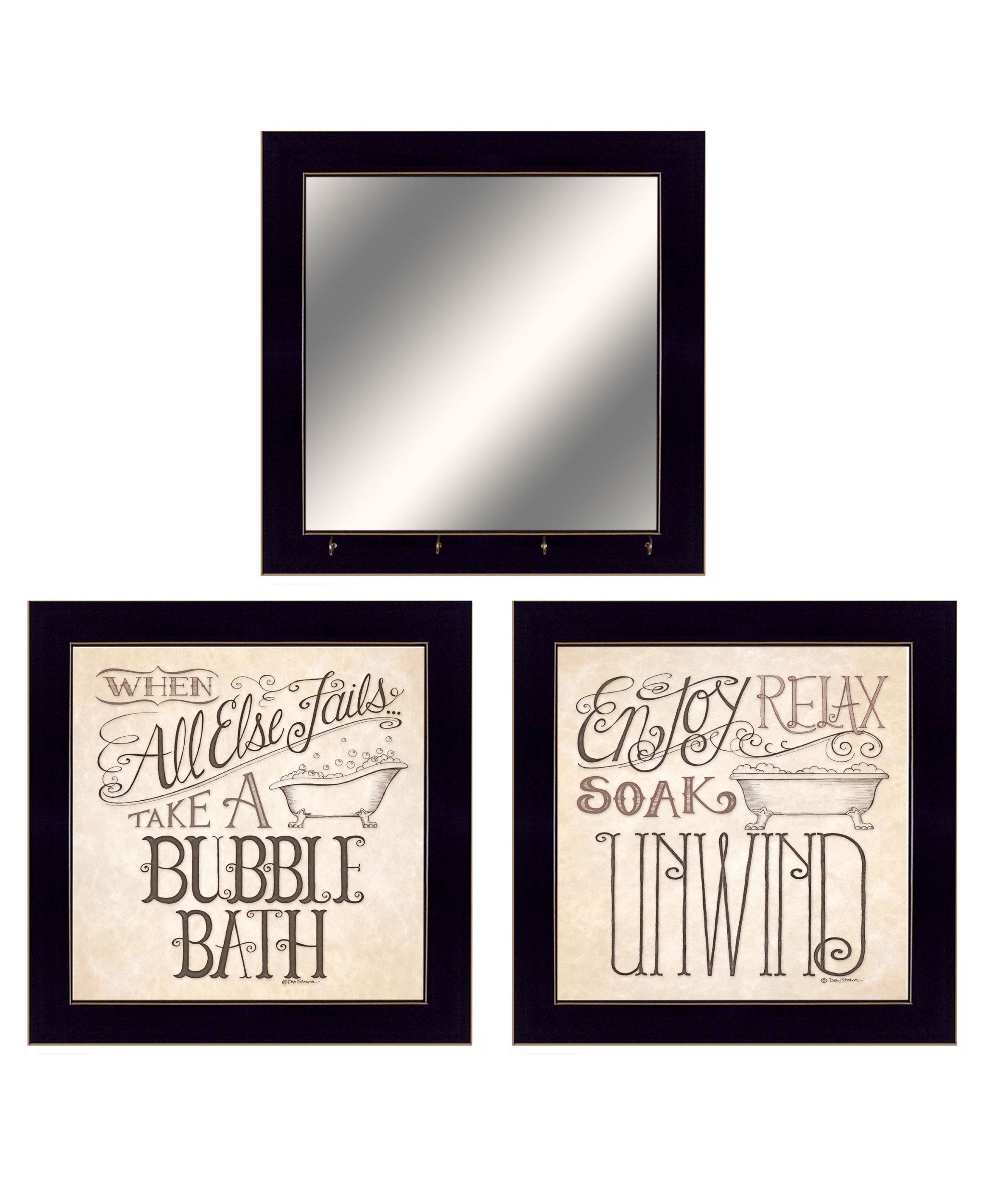 Set Of Three Soak and Unwind Black Framed Print Bathroom Wall Art