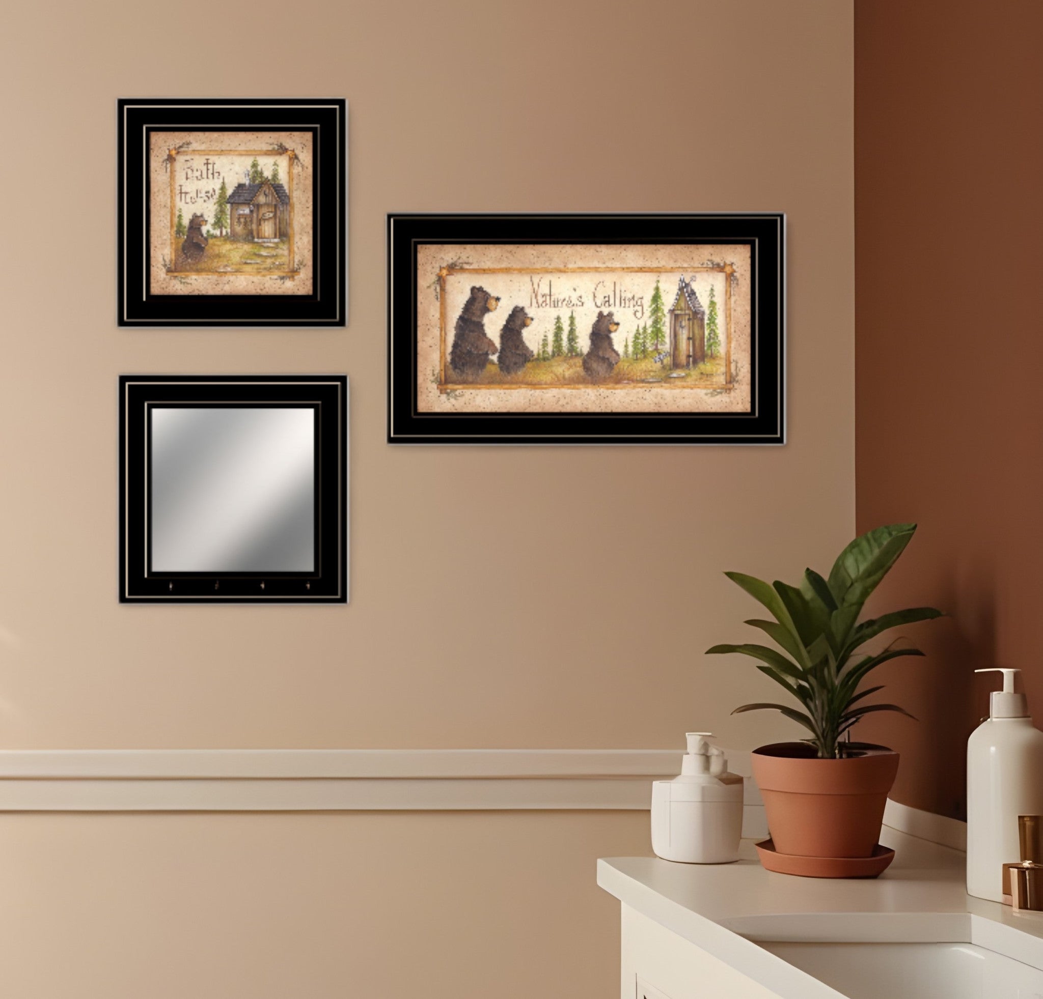 Set Of Three Natures Calling Black Framed Bathroom Wall Art With Mirror And Hooks