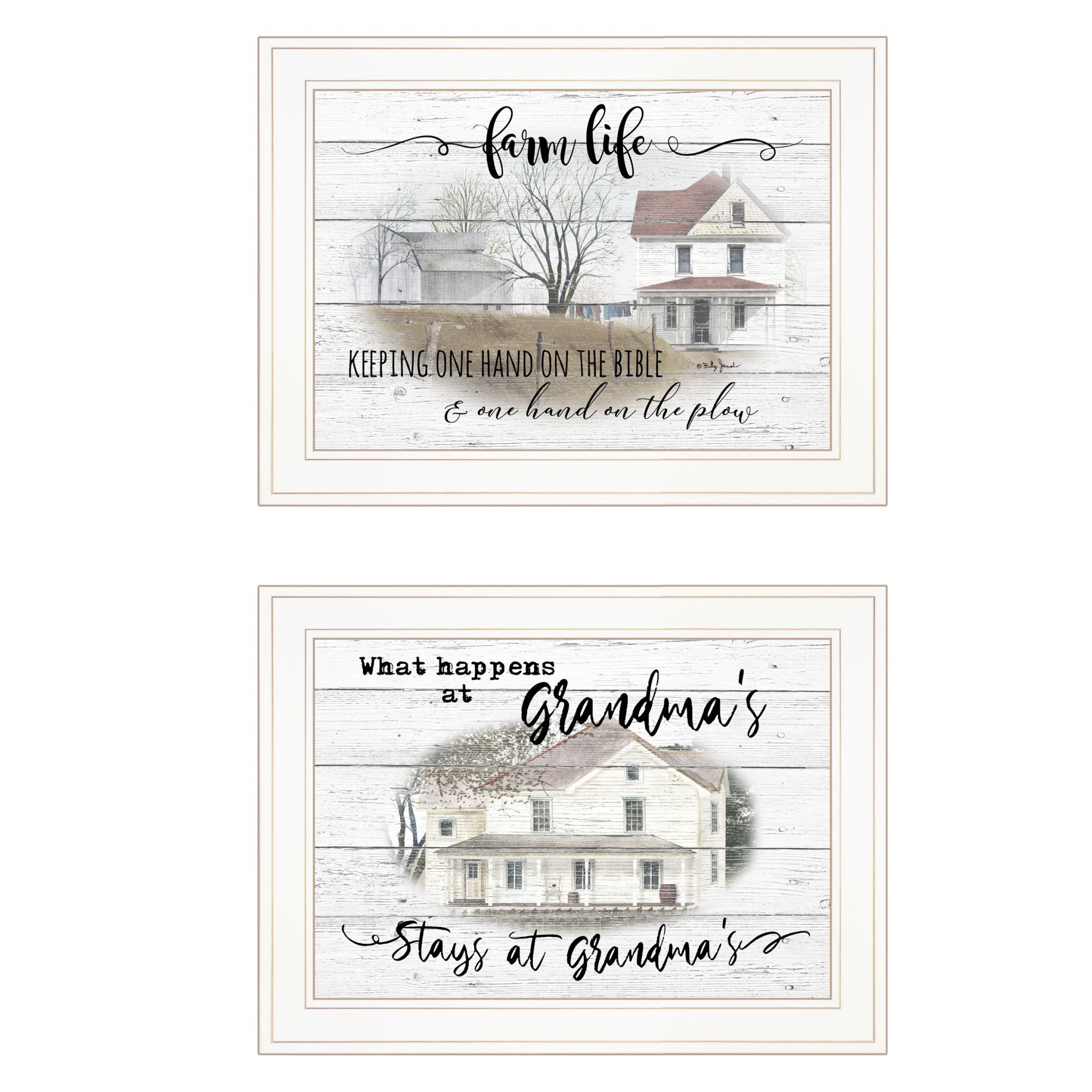 Set Of Two Stays At Grandmas and Bible Farmhouse White Framed Print Wall Art