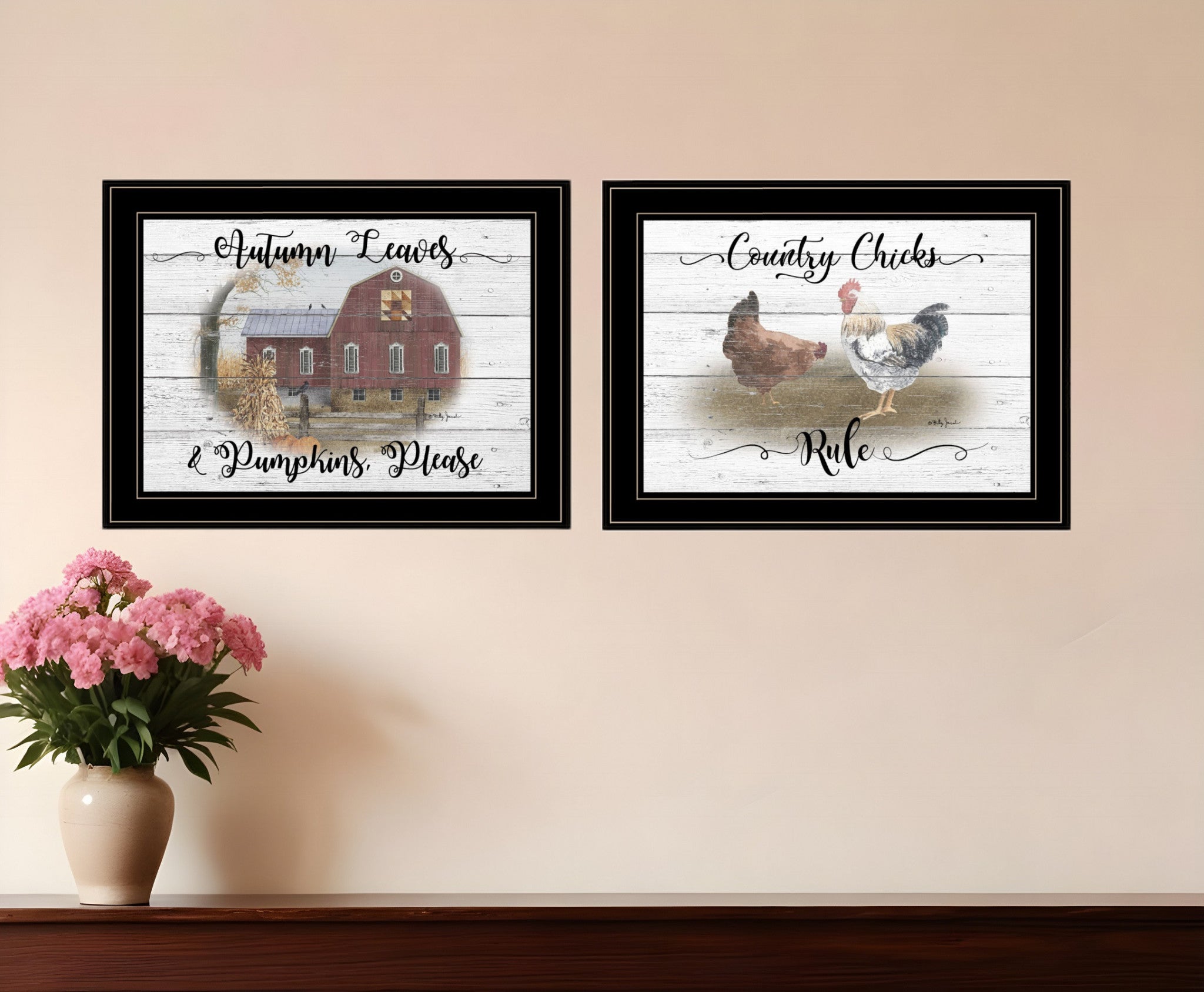 Set Of Two Chickens and Autumn Black Framed Print Wall Art