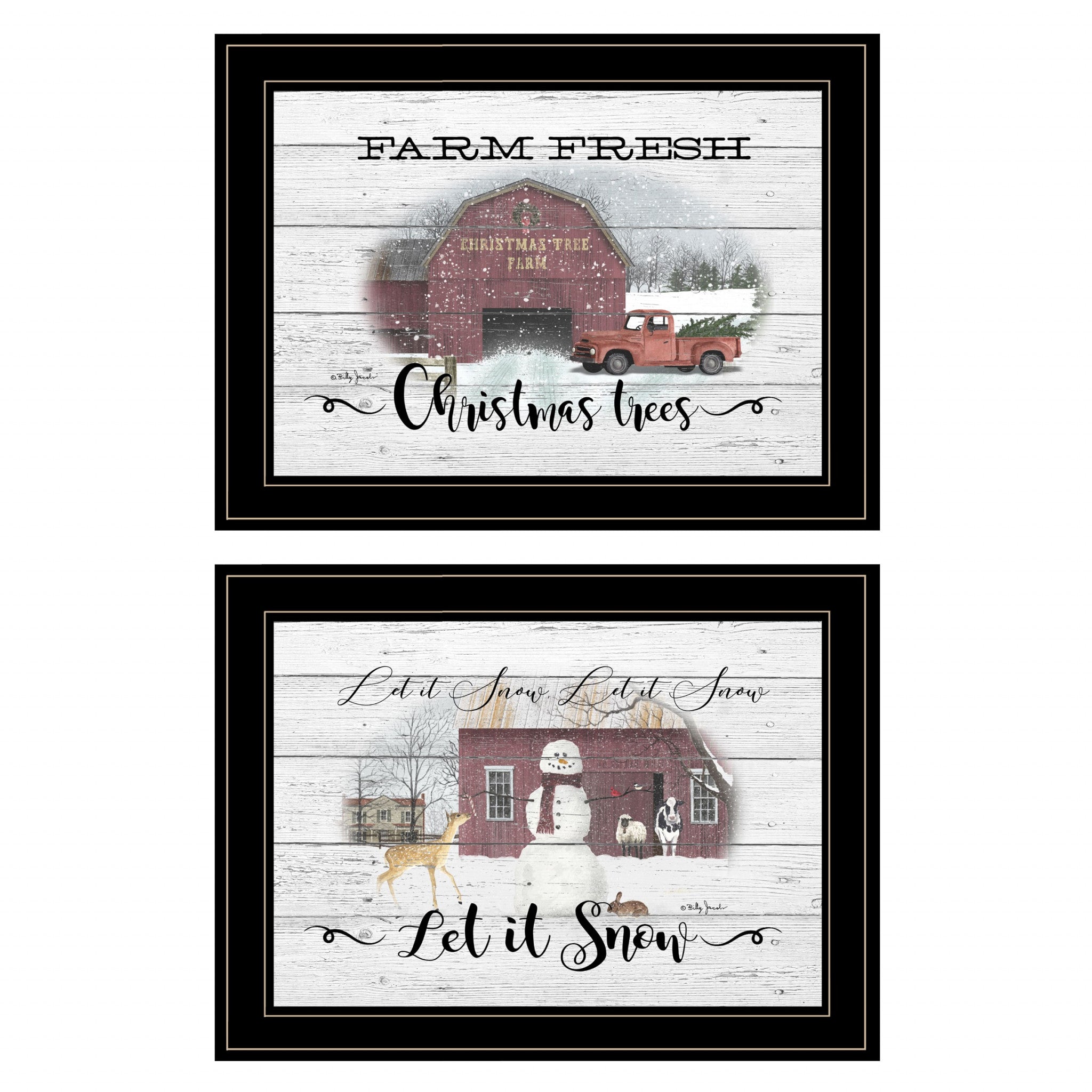 Set Of Two Farm Christmas Trees and Snow Black Framed Print Wall Art