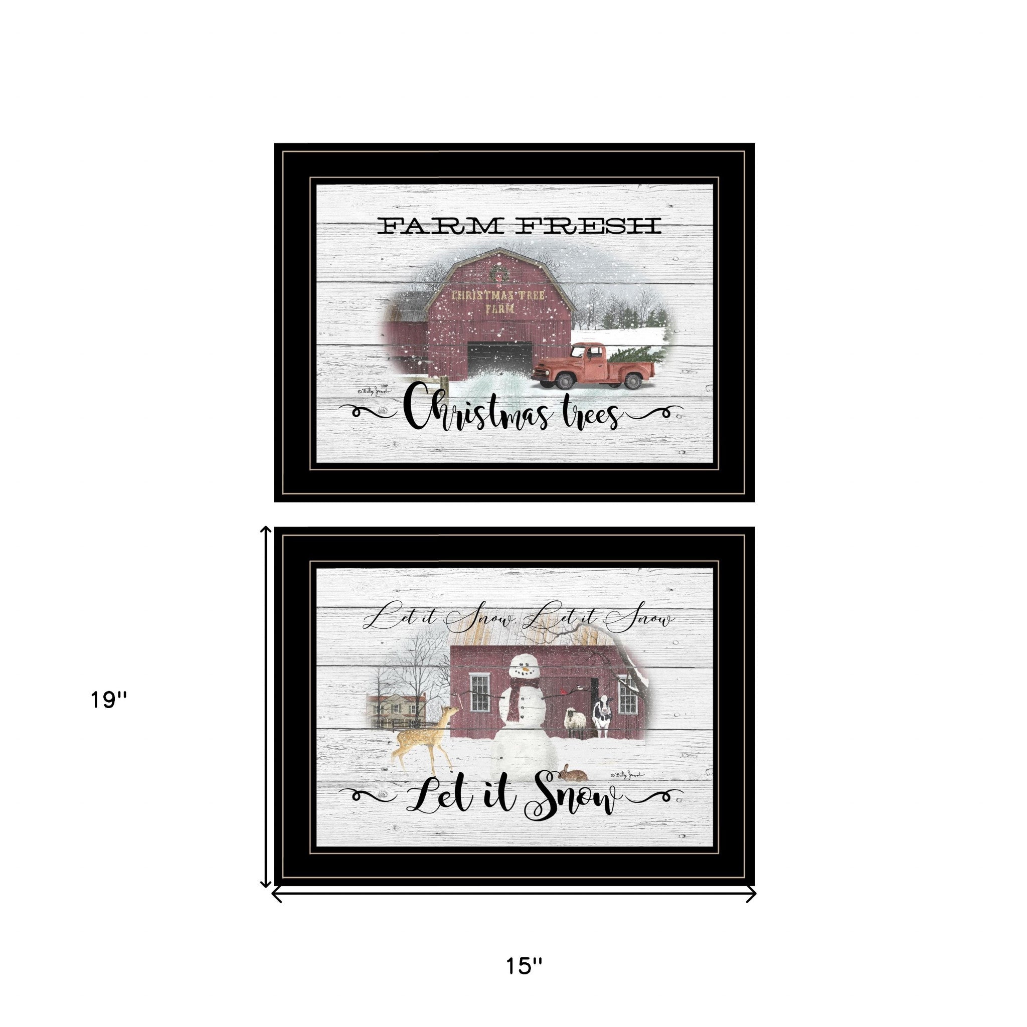 Set Of Two Farm Christmas Trees and Snow Black Framed Print Wall Art