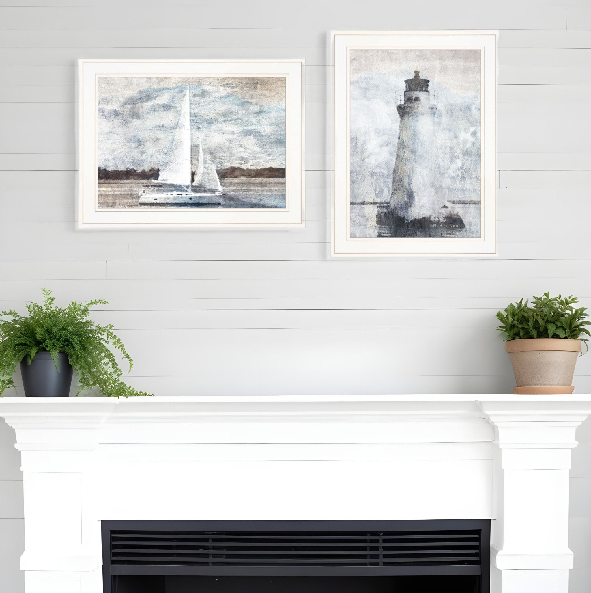 Set Of Two Lighthouse Sailboat 1 White Framed Print Wall Art