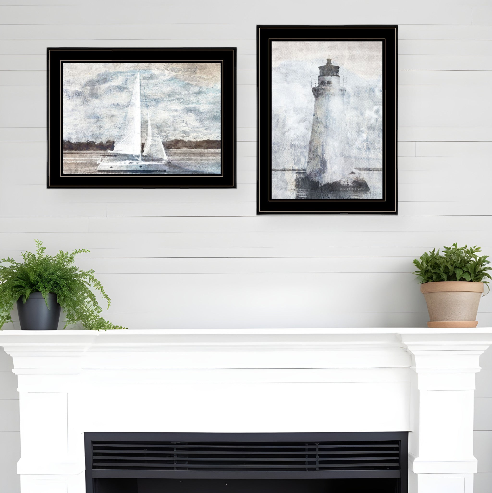 Set Of Two Lighthouse Sailboat 2 Black Framed Print Wall Art