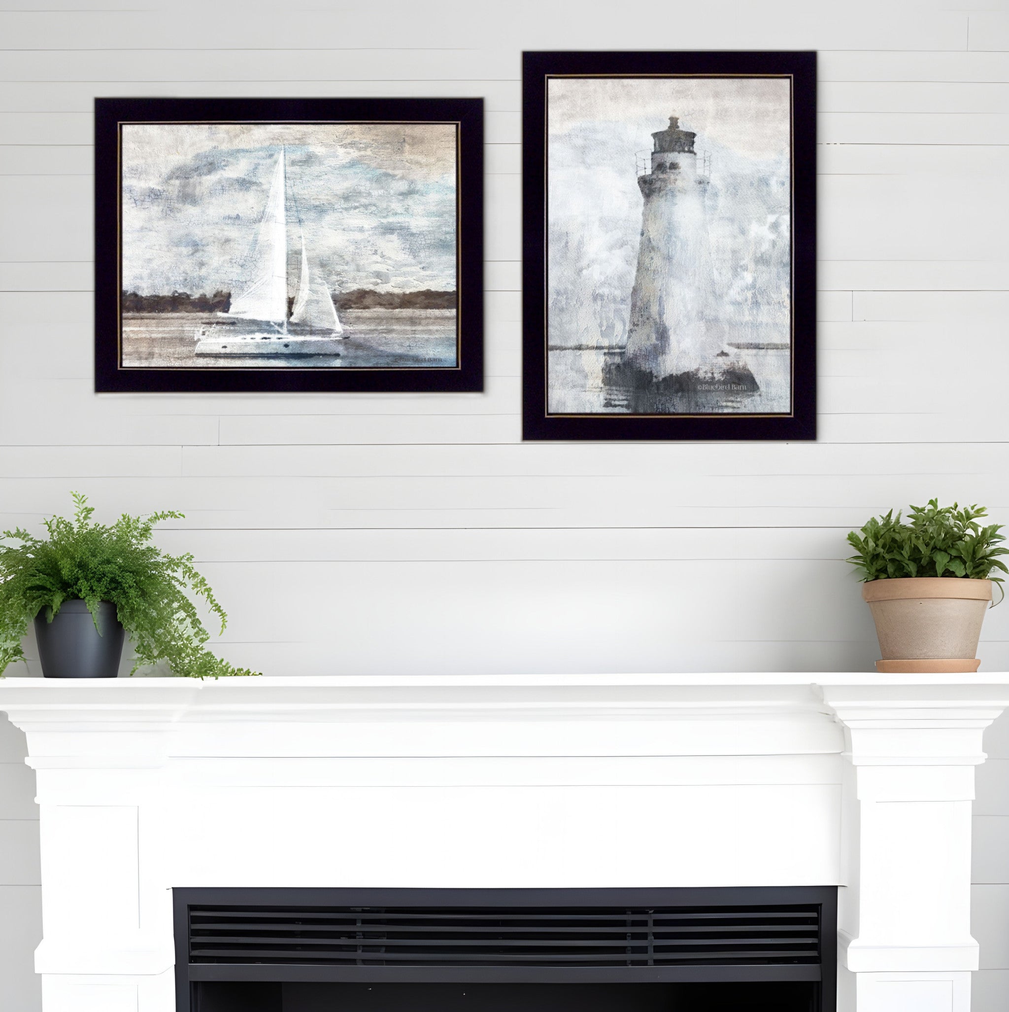 Set Of Two Lighthouse Sailboat Black Single Rim Framed Print Wall Art