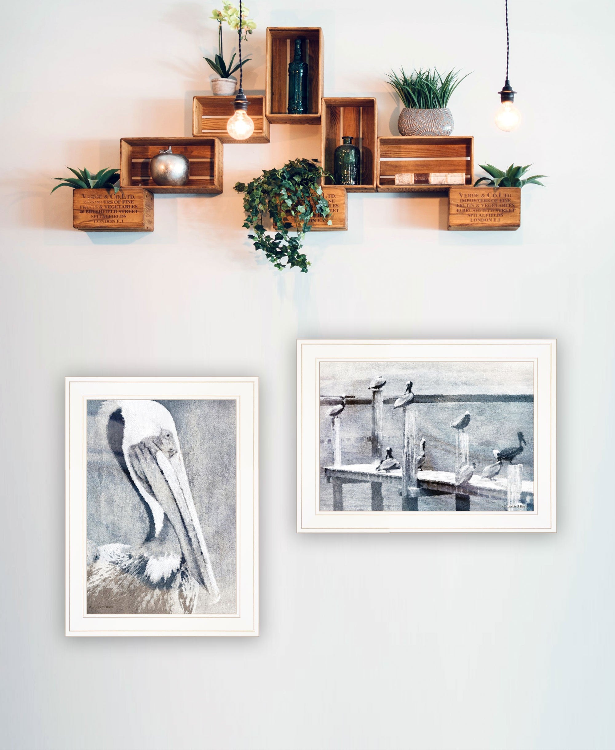 Set Of Two Pelican Party White Framed Coastal Wall Art