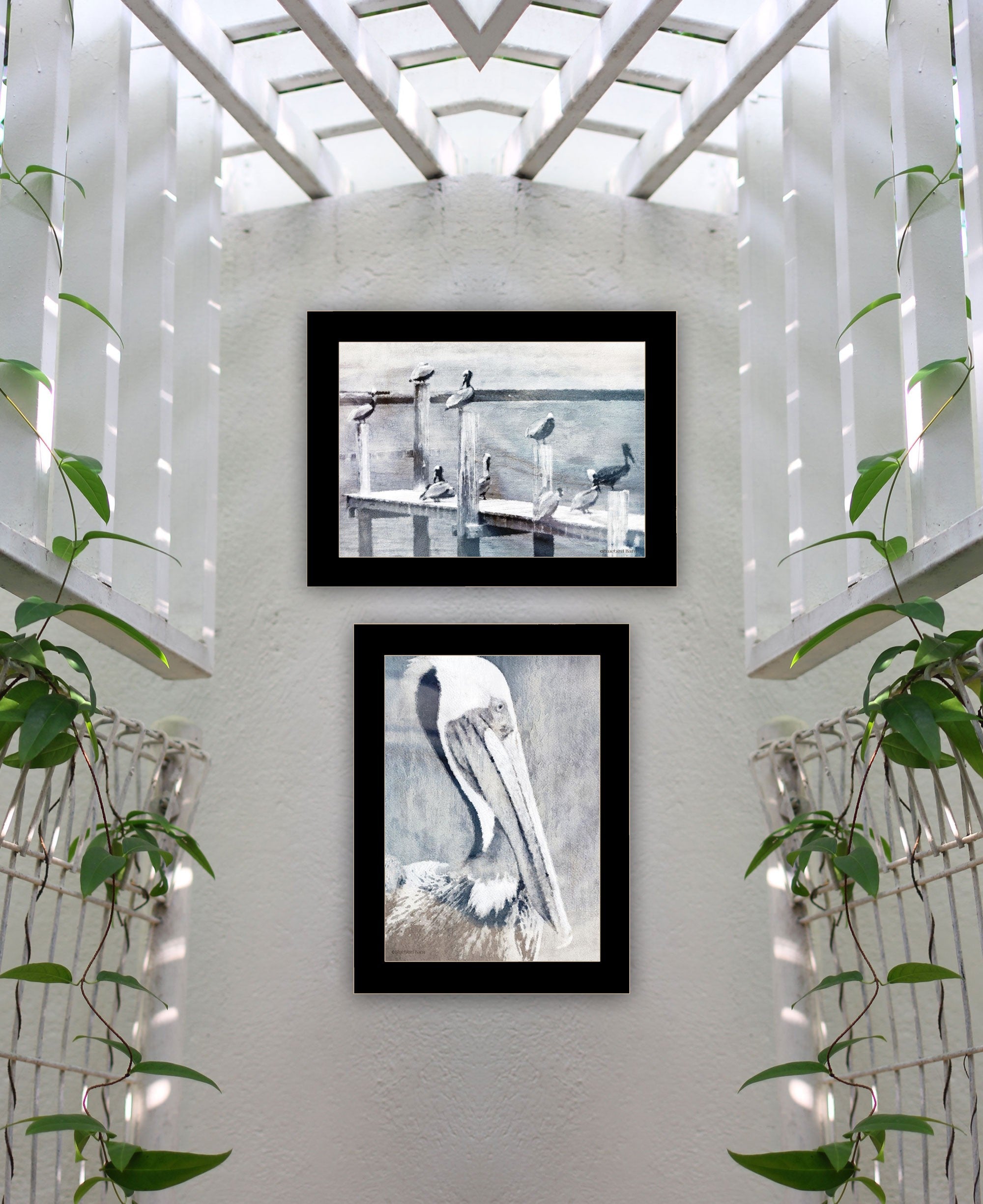 Set Of Two Pelican Party Black Framed Coastal Wall Art