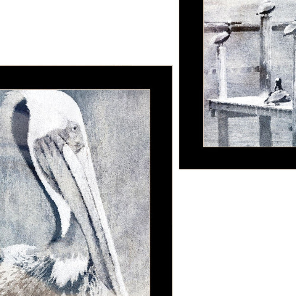 Set Of Two Pelican Party Black Framed Coastal Wall Art