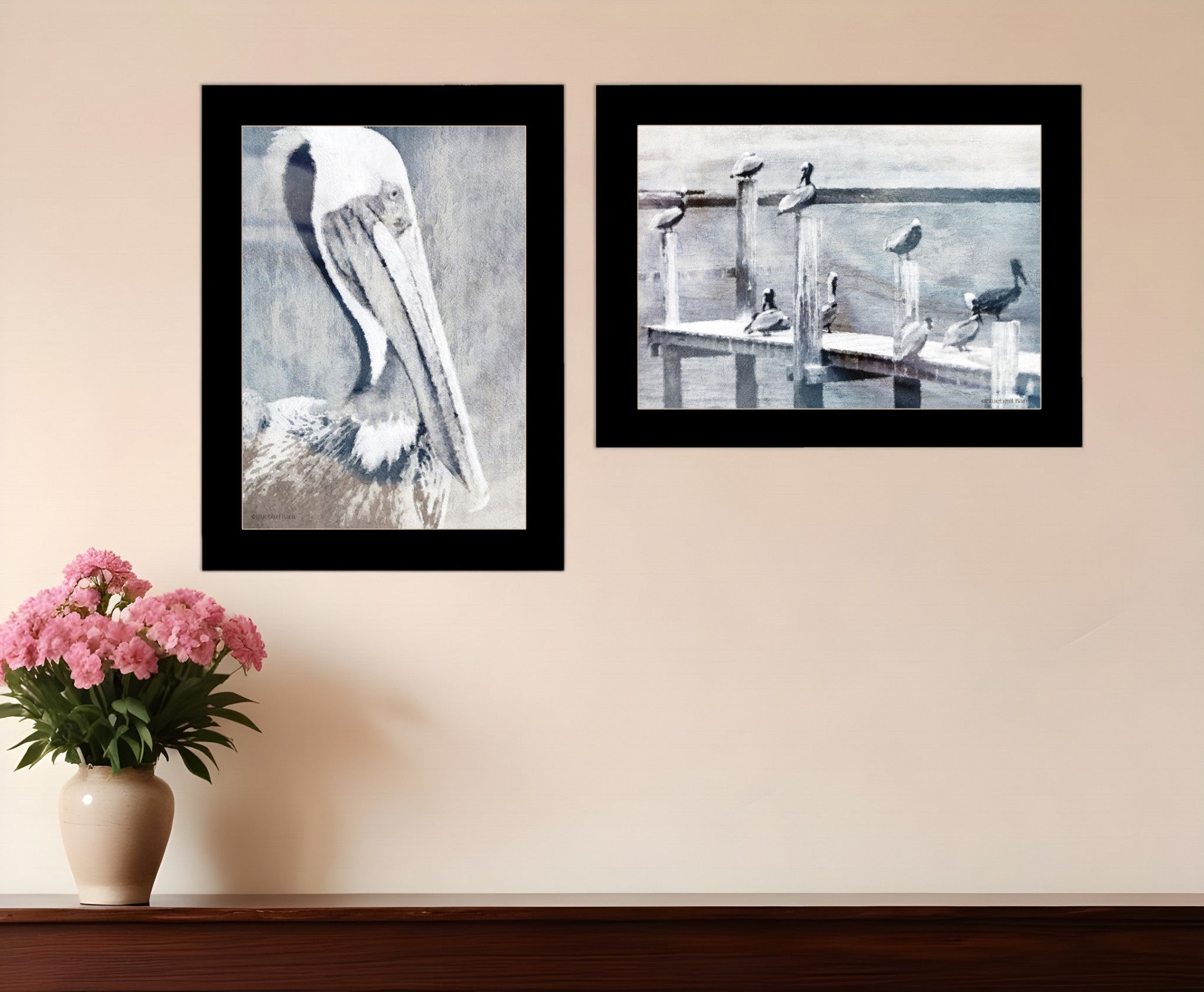 Set Of Two Pelican Party Black Framed Coastal Wall Art