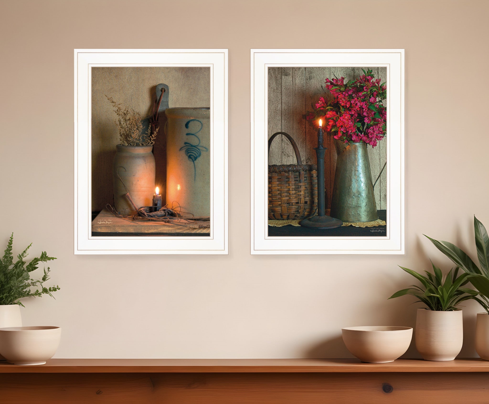 Set Of Two Country Candlelight White Framed Print Wall Art