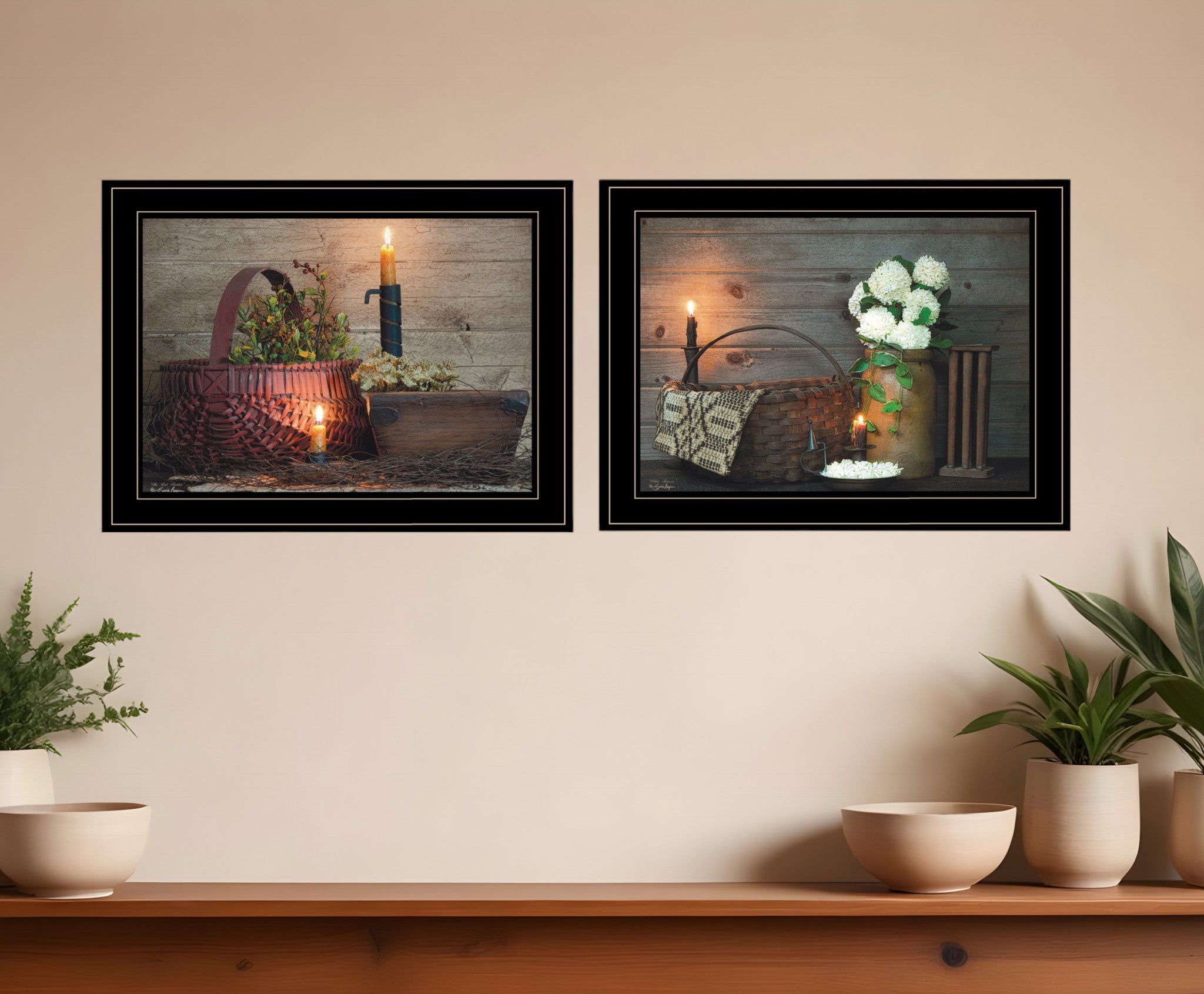 Set Of Two Baskets and Flowers Black Framed Print Wall Art