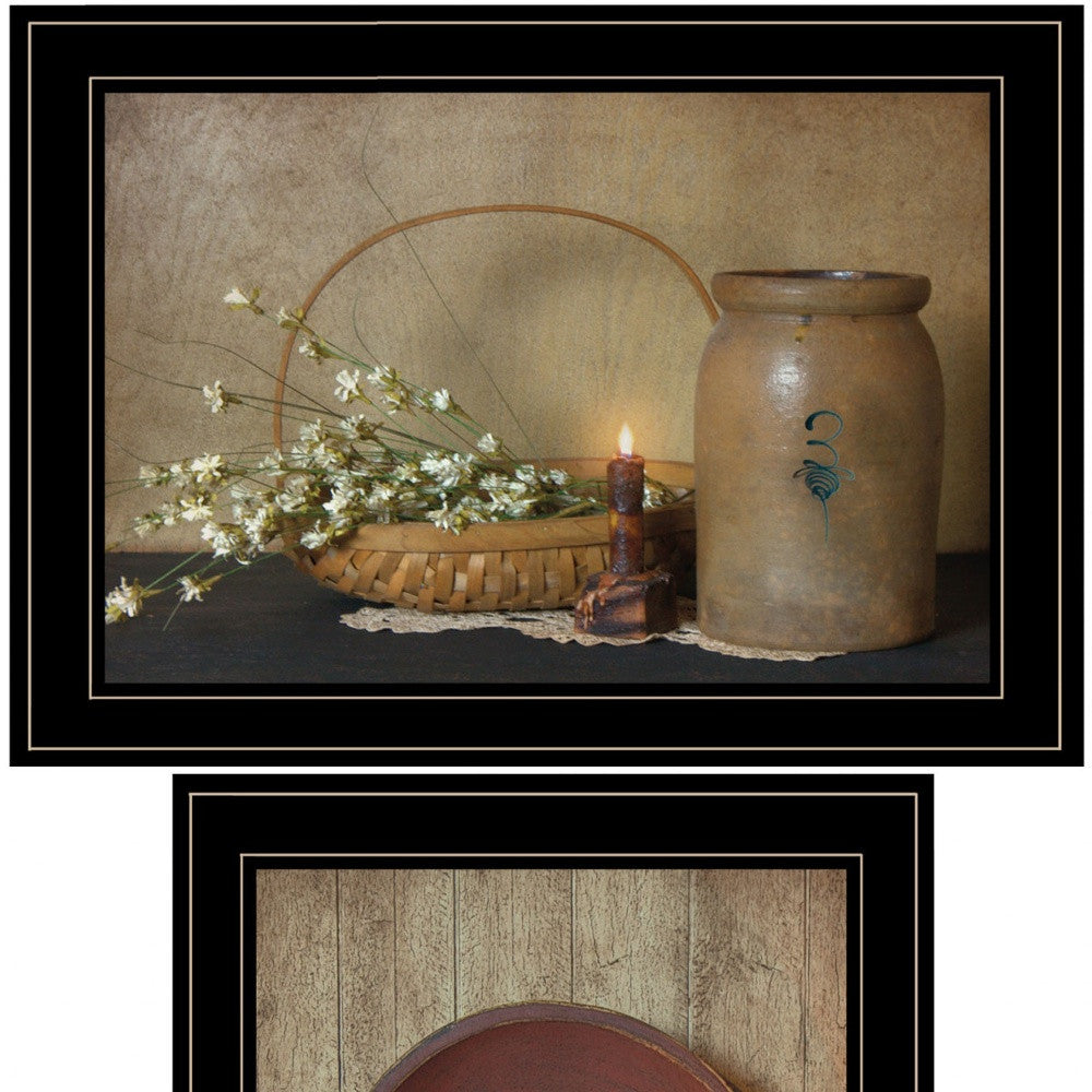 Set Of Two Candle Light And Flowers Black Framed Print Wall Art