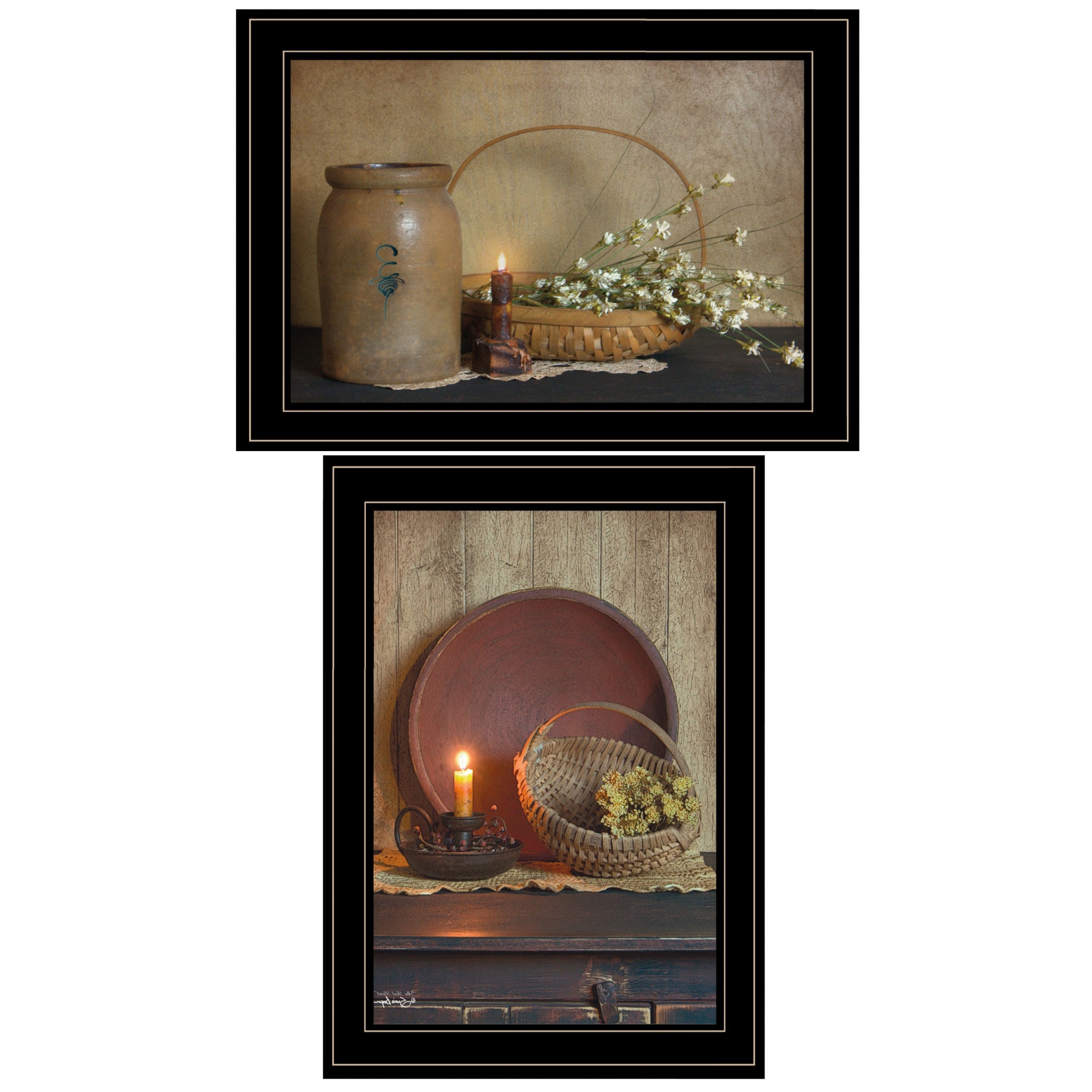 Set Of Two Candle Light And Flowers Black Framed Print Wall Art