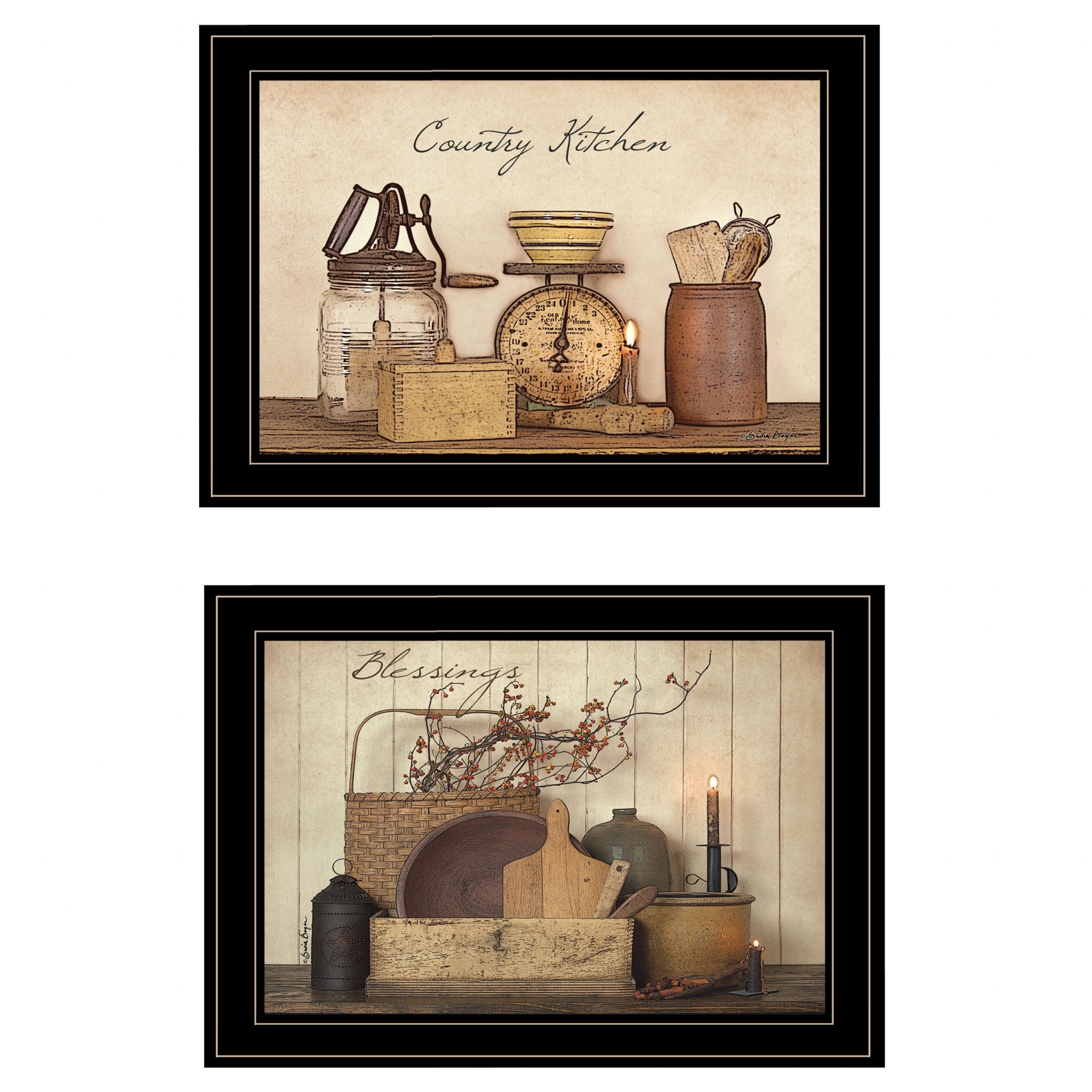 Set Of Two Country Kitchen Blessings Black Framed Print Wall Art