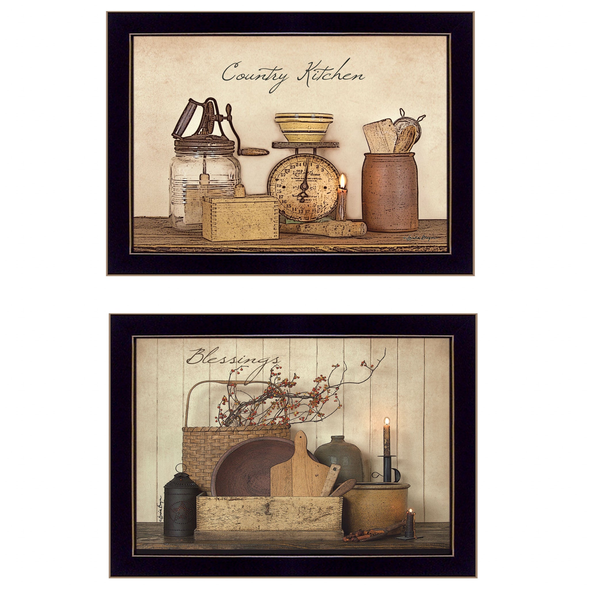 Set Of Two Country Kitchen Blessings Black Framed Print Wall Art