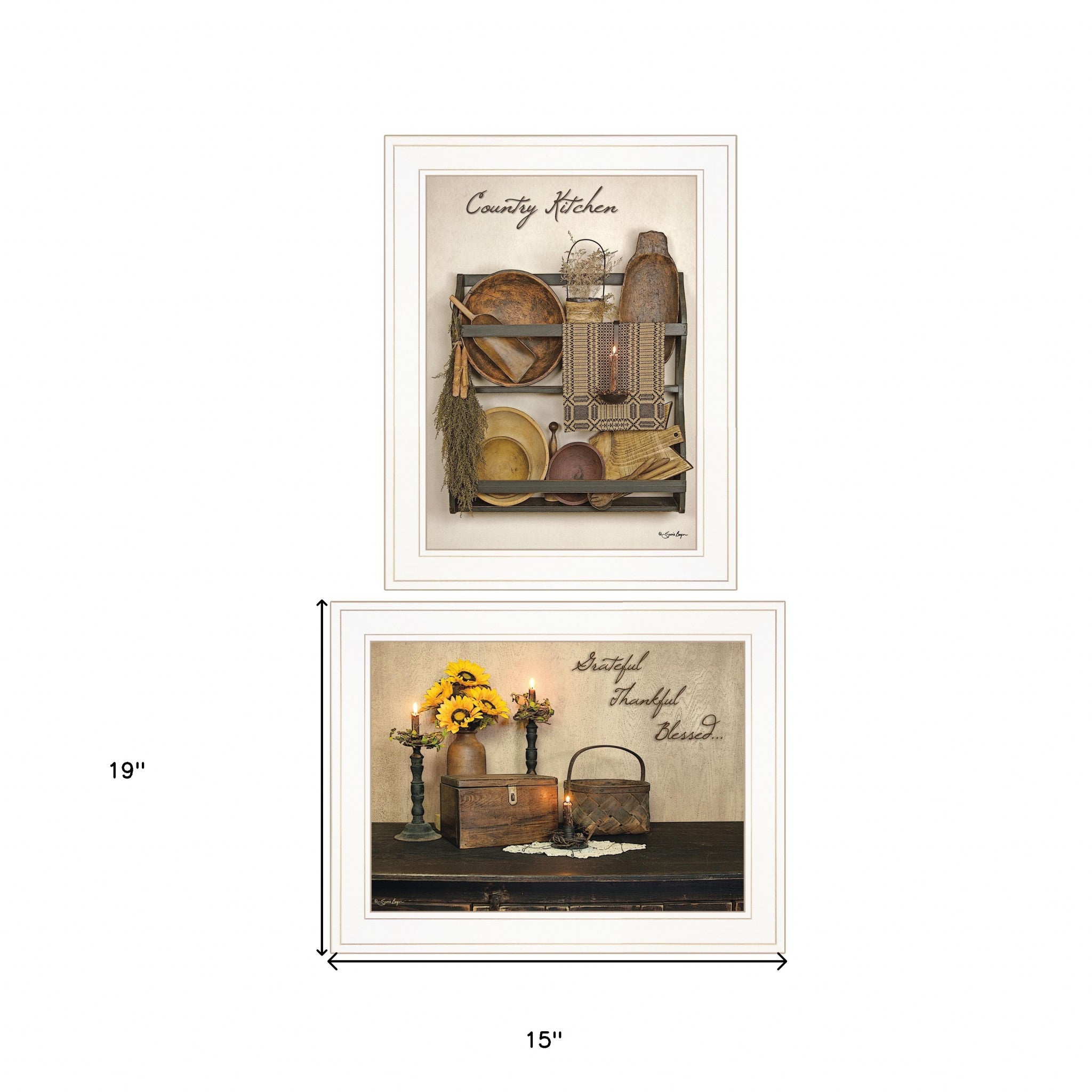 Set Of Two Grateful and Blessed White Framed Print Kitchen Wall Art